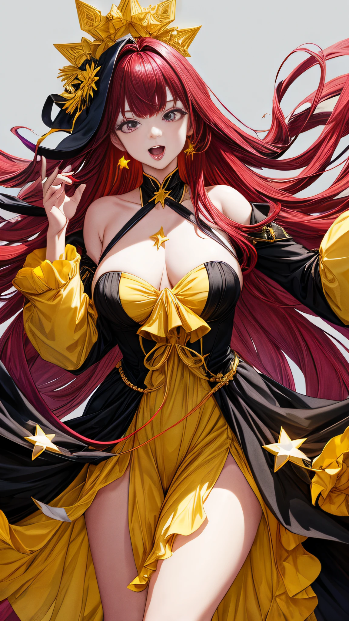 Young woman, Ahegao, World Magic, Stars, black, yellow, rainbow, Wine Red Hair, Long Hair, Long Open Silk Dress, 8k UHD, Ultra Detailed, Super High Resolution, tongue out, open mouth