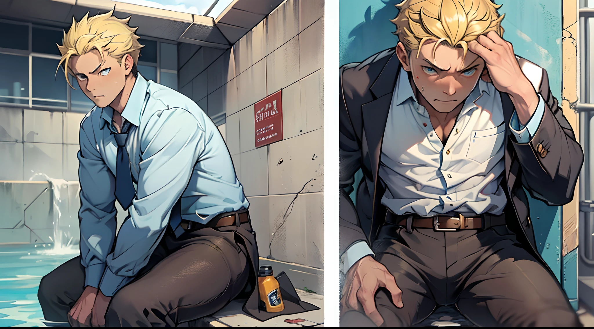 （1 Adult male），A high resolution， Sharp focus， Pixiv masterpiece， （（Complicated details））， highly  detailed， natsuki_subaru， 1 man，perfect male figure，Urine on the trouser leg， Nervously bow your head，is shy，embarressed，exhilarated，is shocked，panicking，worry，A pool of urine formed around him，Very eager to pee，Unbearable，Wet yourself，Urine discharge，full bodyesbian，sit astride，Tired，decadent， blue color eyes（eyes glowing）， Short yellow hair，white  shirt，Wear a tie，Wear a belt，trousers，perspire，Drenched，Get wet，pissing，urine flows down the pants，look from down