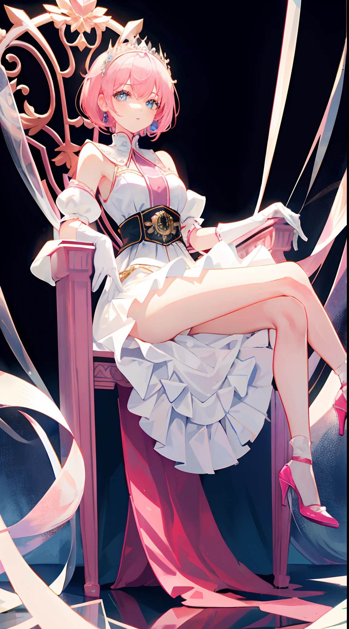 Royal sister with pink hair，a queen，short detailed hair，white transparent long skirt，high-heels，whitegloves，revealing white panties，Be red in the face，high and cold，Lift the skirt，Erlang legs，sitting on an royal throne