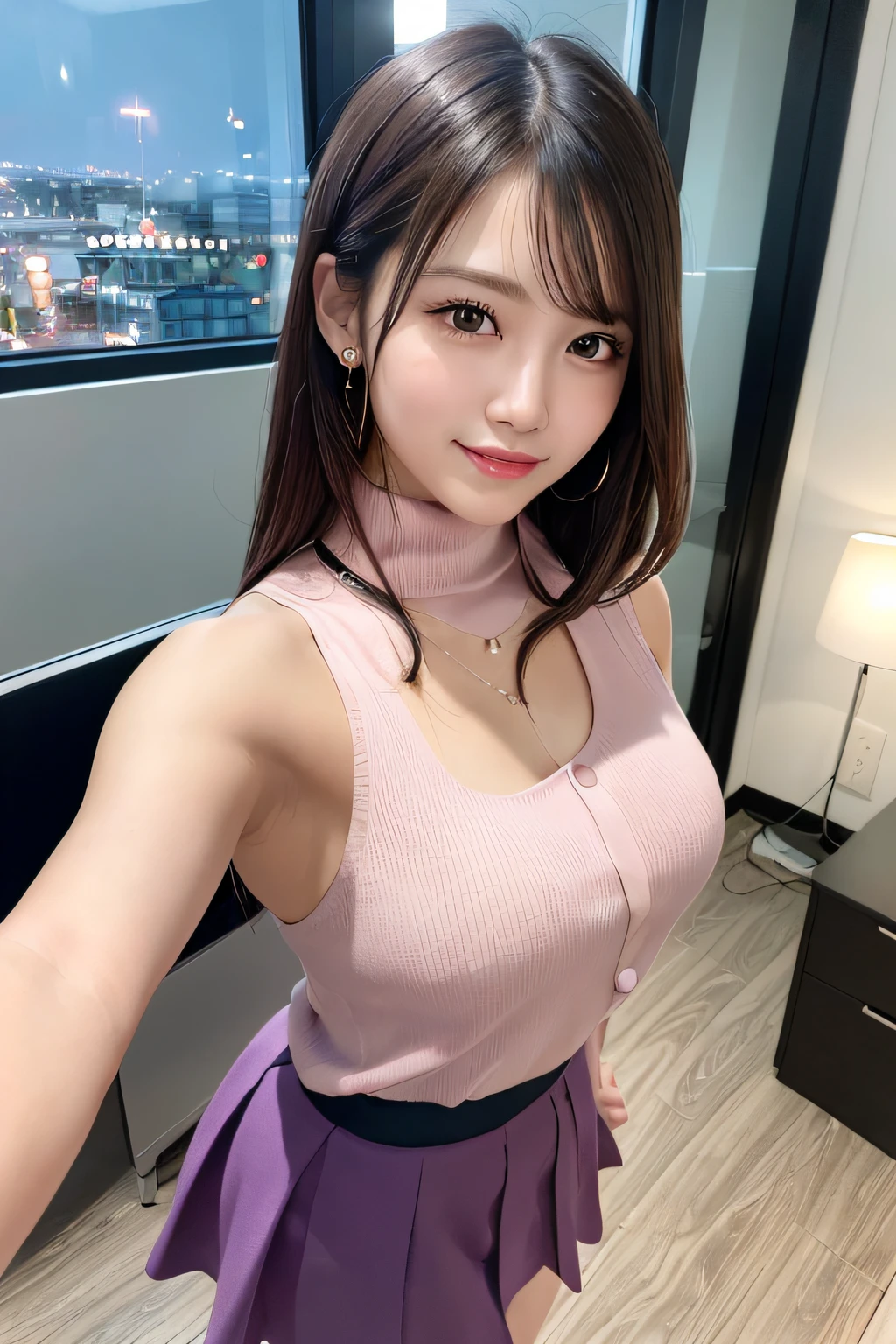 (masterpiece:1.3), high resolution, ultra detailed, extremely detailed CG unity 8k wallpaper, realistic, photo-realistic, RAW photo, beautiful detailed face, pale skin, realistic glistening skin, detailed cloth texture, detailed hair texture, Perfect body, Beautiful Face, accurate, Anatomically correct, Highly detailed face and skin texture, natural neck length, (beautiful hands), (fair skin:1.2), Thin legs, Thin feet,
BREAK,
Detailed eyes, symmetric eyes, Light Brown eyes, Double eyelids, Thin eyebrows, (Glossy lips:1.4), ((gently smile:1.2)), (blush:1.1),
BREAK,
(A Classy and Cute girl:1.3), (wearing a classy sleeveless (high neck) (Light pink) Blouse:1.2), ((Purple) irregular hem skirt:1.2), (close the button),
medium large breasts:0.65, (slender figure:1.1), firm abs, beautiful clavicle,
(Dark blonde hair, wavy hair, long hair:1.2), ((asymmetrical bangs:1.2)),
BREAK,
((Walking with Selfie pose:1.3)),
((in the stylish office at (night):1.2)), (Cowboy shot:1.2), looking sideway at viewer, from side:0.65,