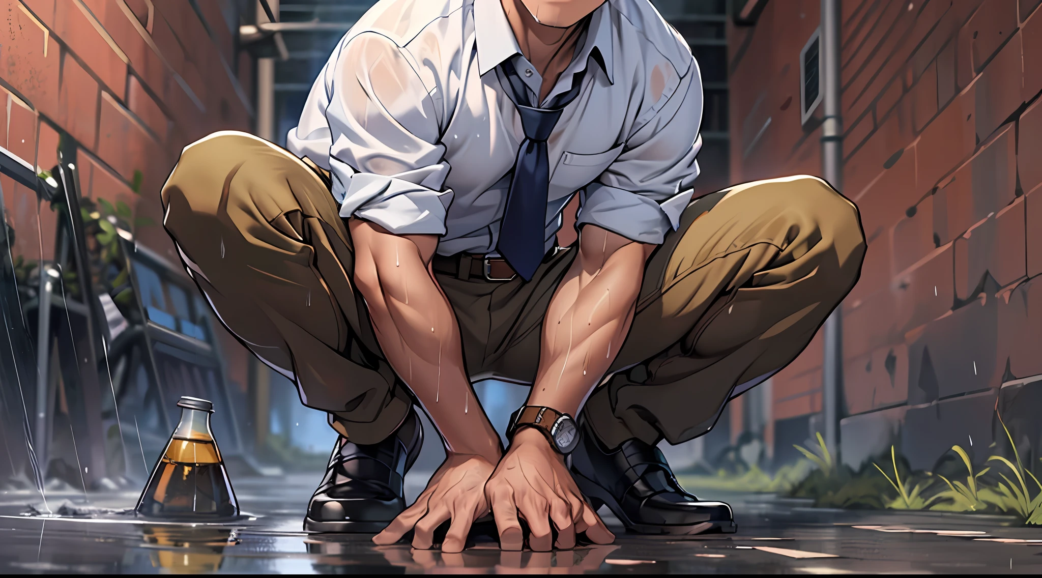 （1 Adult male），A high resolution， Sharp focus， Pixiv masterpiece， （（Complicated details））， highly  detailed， natsuki_subaru， 1 man，perfect male figure，Urine on the trouser leg， Nervously bow your head，is shy，embarressed，exhilarated，is shocked，panicking，worry，Very eager to pee，Unbearable，Wet yourself，Urine discharge，full bodyesbian，sat in an office，Tired，decadent， blue color eyes（eyes glowing）， Black hair short hair，Blue plaid shirt，Wear a tie，Wear a belt，trousers，perspire，Drenched，Get wet，pissing，urine flows down the pants，look from down