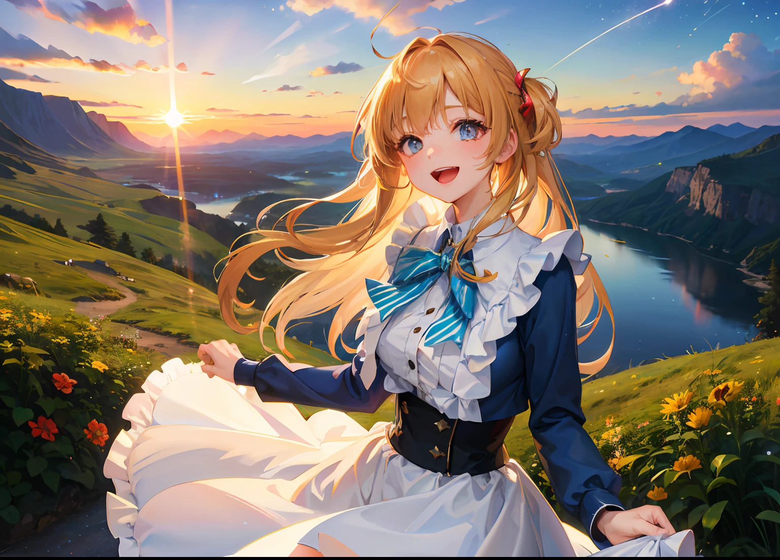 best quality, masterpiece, kat, summer, wind skirt, wind hair, geminids meteor shower, nature, detailed reflex, sunset, cinematic lighting, caustics, (wide shot:1.1), detailed cute girl, mountain road, overlook, smile, open mouth,