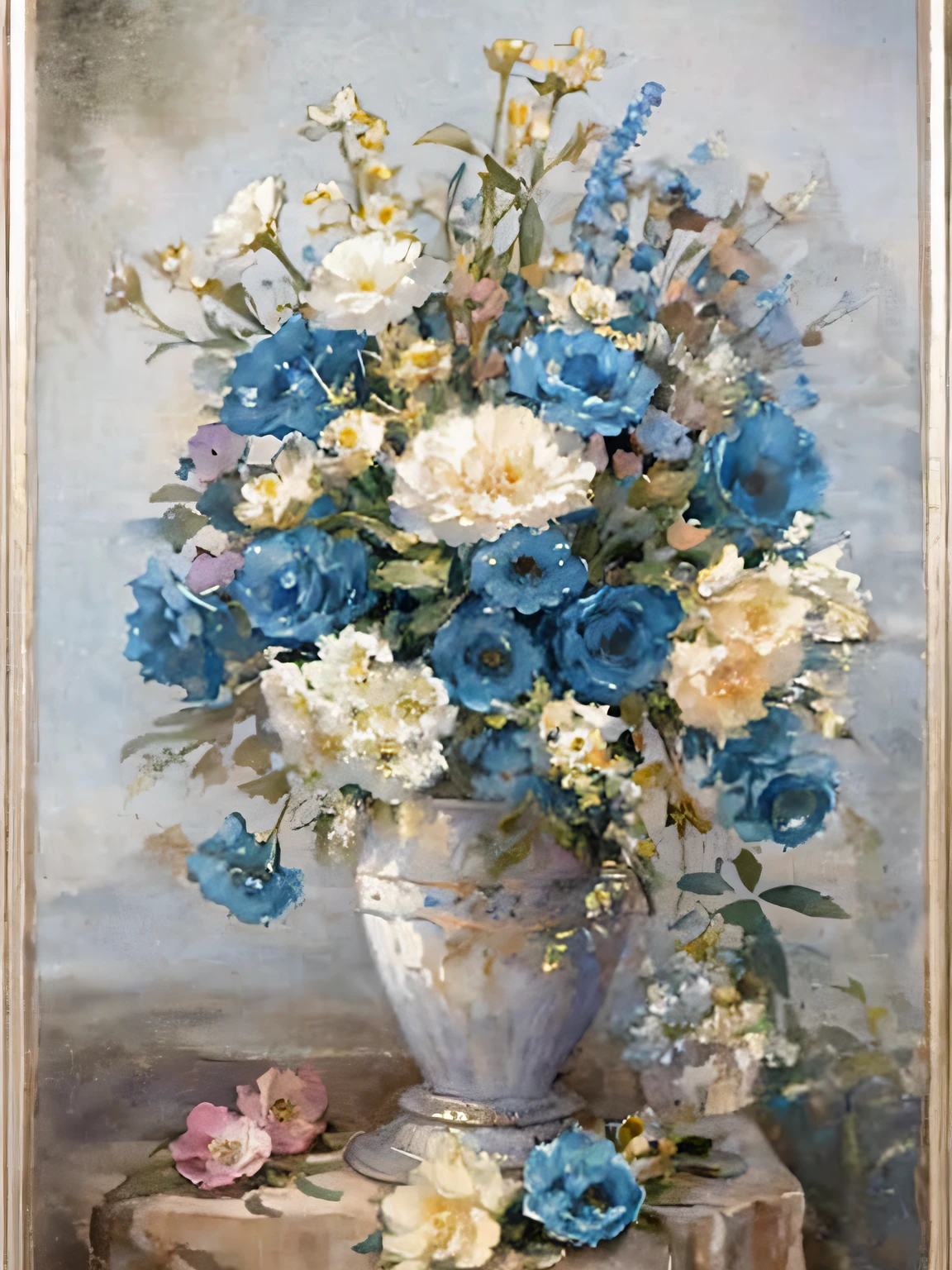 Draw vase with blue and white flowers, Inspired by Louis-Michel Van Loe, detailed 4 k oil painting, Beautiful intricate oil painting, Oil painting style, a beautiful painting, elegant and refined painting, High detail baroque oil painting, Elegant oil painting, Blue flowers, silver and blue,The brush strokes are sharp,CLASSICSTYLE,Gorgeous decorative painting style