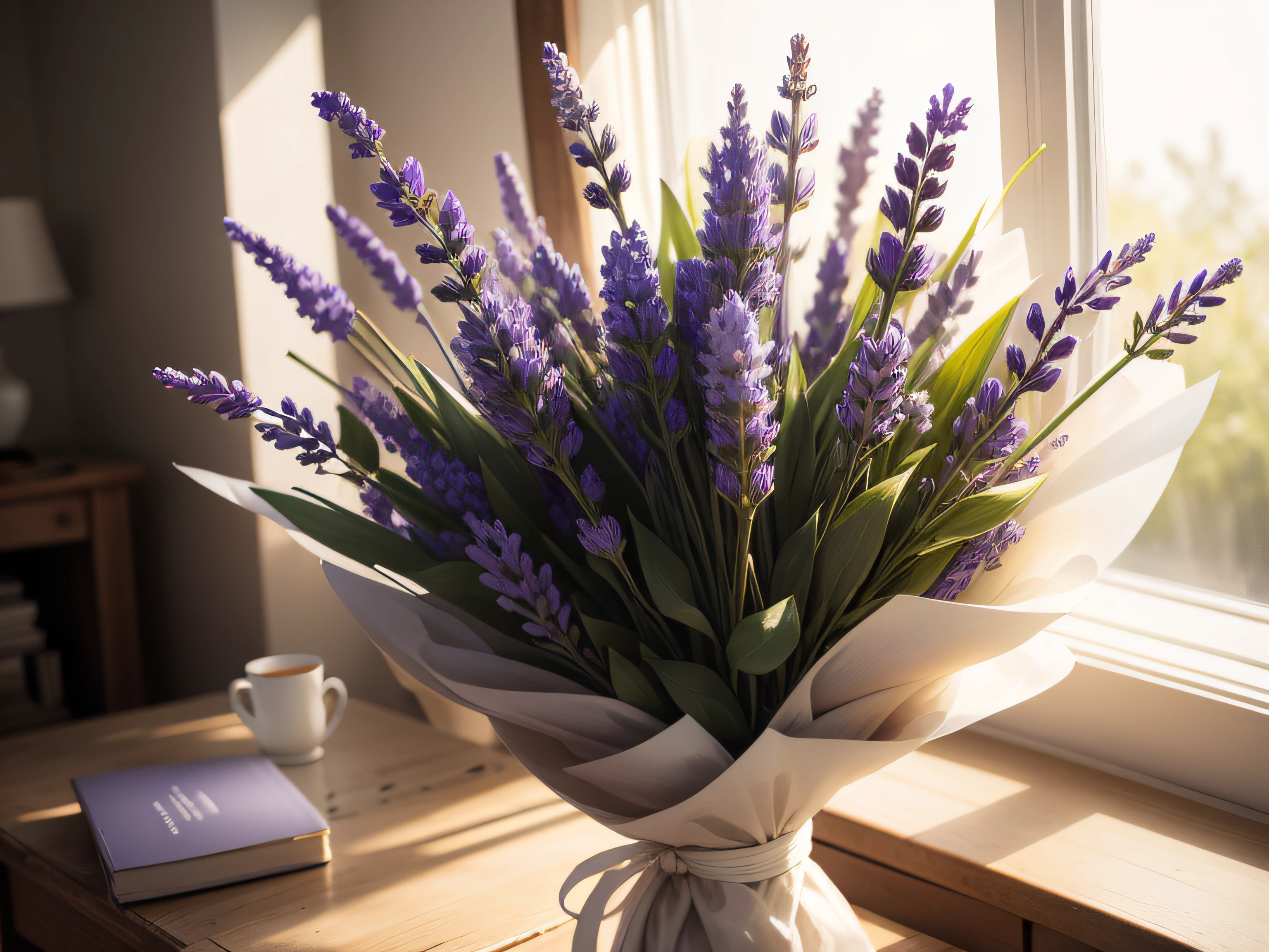 bouquet of white lavender, illuminated by natural light, captured in a realistic photograph.