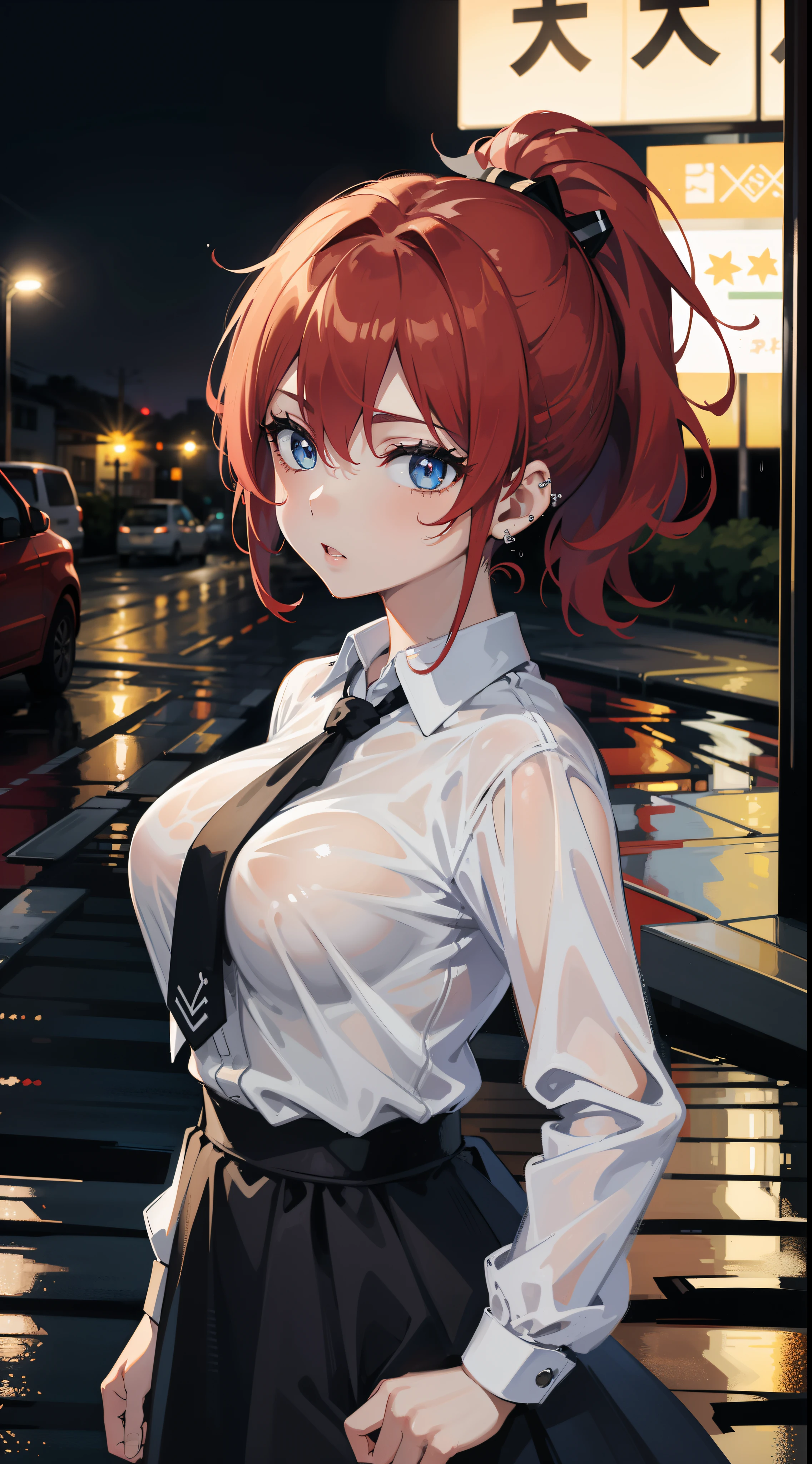 1 girl, solo, red hair, short ponytail, blue eyes, drizzling, roadside, zebra crossing ,under the lamp post, night, , white shirt , black tie, piercings, big boobs, puddle, wet, gloomy. holding an umbrella