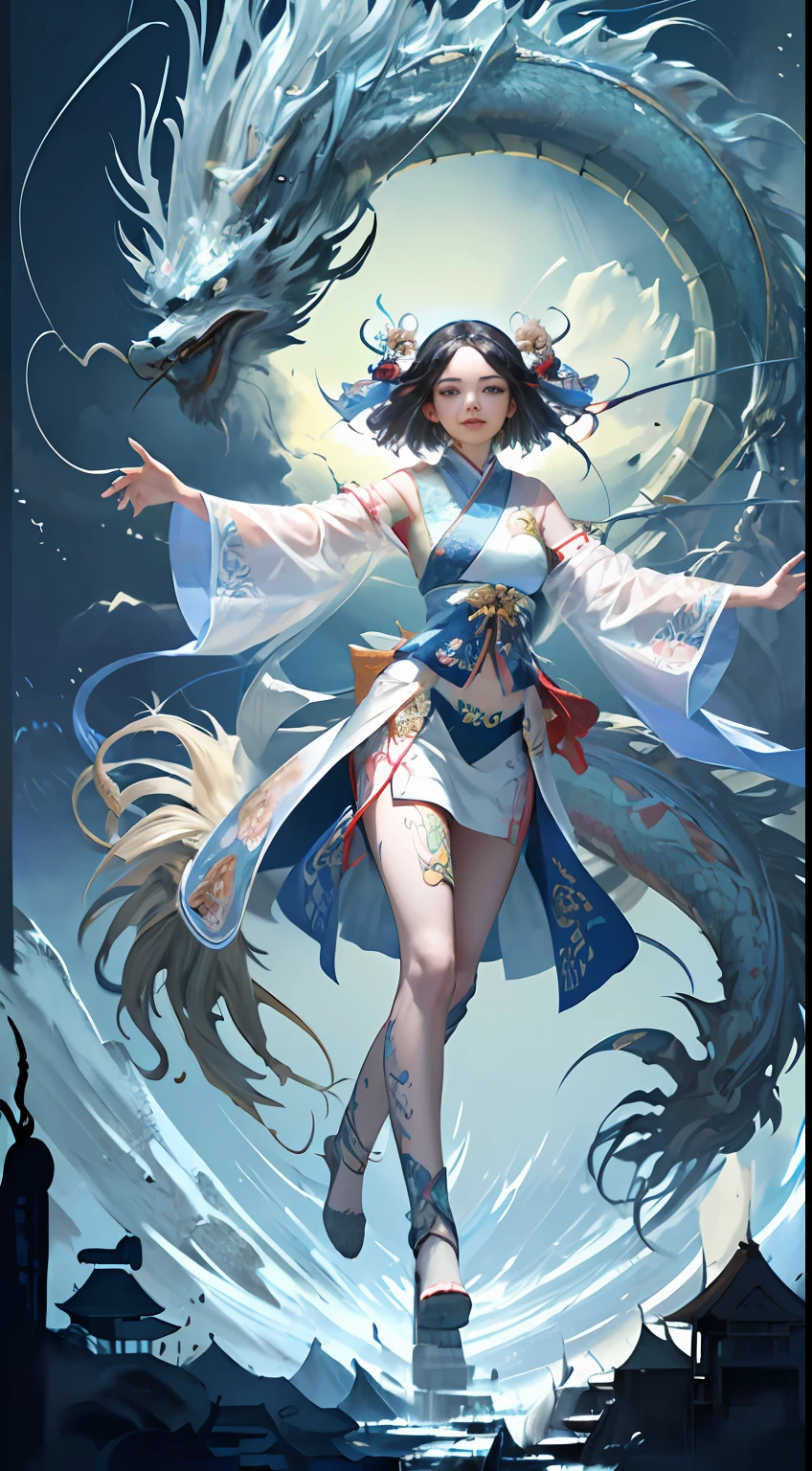 Official Art, Unified 8K Wallpapers, Ultra Detailed, Beautiful and Aesthetic, Masterpiece, Best Quality, (Zentangle, Tangle, Entangle), (fractal art: 1.4), (character center: 1.3), 1girl, black hair, Chinese, off-the-shoulders, short skirt, calf, navel, very detailed, dynamic angle, cowboyshot, (most beautiful form of chaos), ethereal, (bright colors), oc, (half: 1.2), china, (thangka flying sky: 1.5), (ribbon: 1.3), (dream: 1.5), (hanfu: 1.5), Chinese dragon, Chinese phoenix, (smile: 0.5), ( Chinese deities),