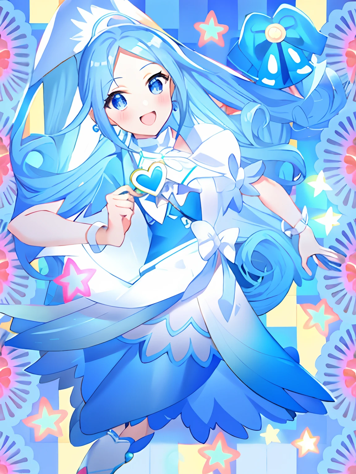 Anime boy in white and blue dress、I'm in a rainbow frame, Cool, Boy with long blue hair, Boy with white shoes, Happy!!!, Wallpaper!, marin kitagawa fanart, pylons, 8K!!, official artwork, lucky star, shoun, !!Full body portrait!!, Official art
