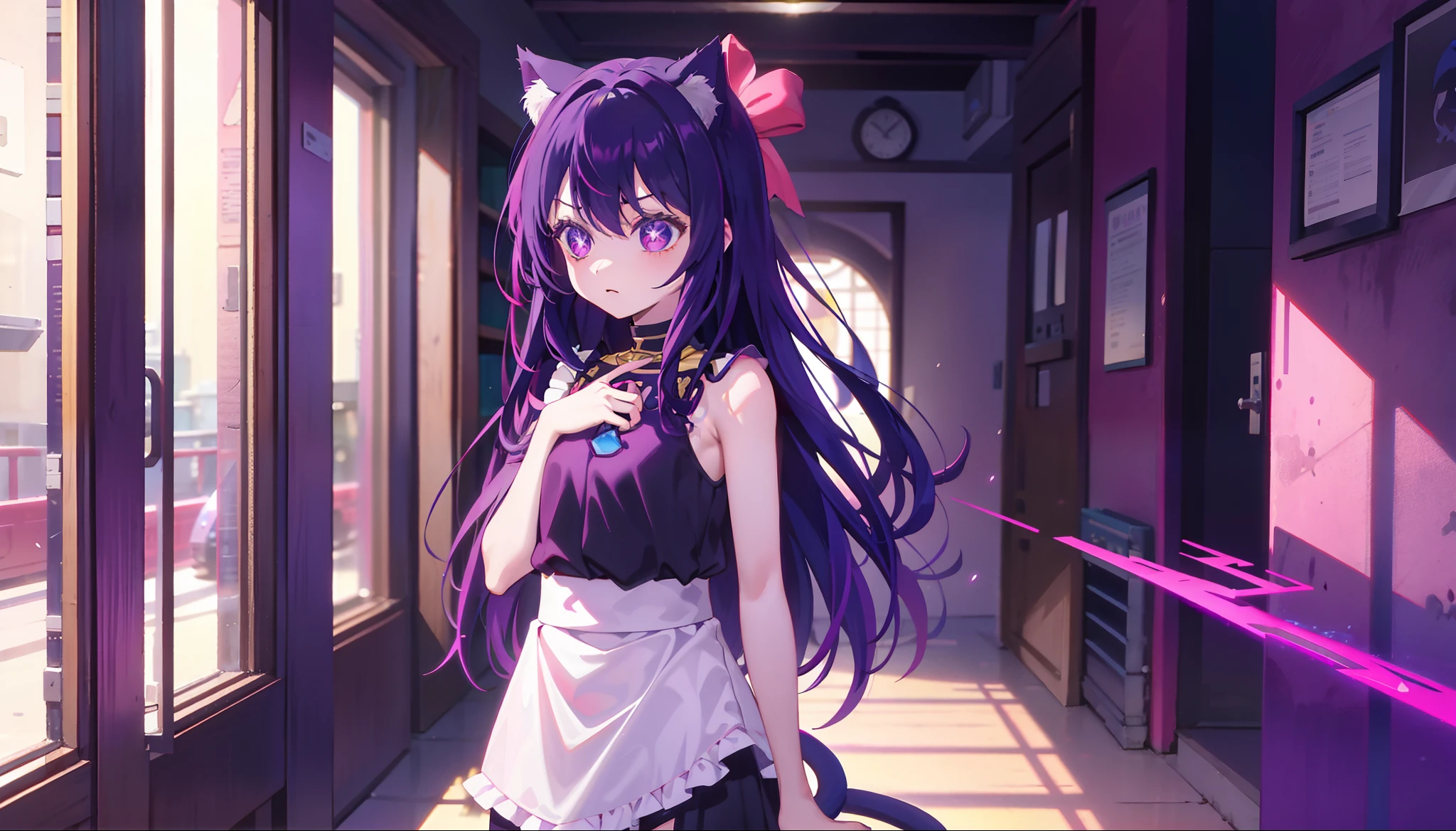 A ***********, Shoulders Long Hair, Purple Hair, Small Purple Cat Ears, A Purple Cat Tail, Assassin Clothing, Amine Style