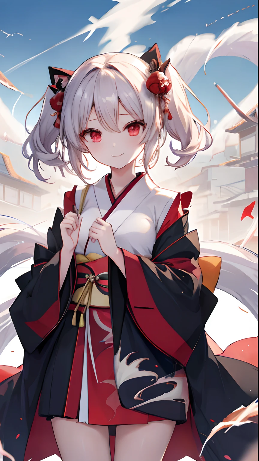 human girl, 独奏,(top-quality:1.1),(masterpiece:1.1), (Clear eyes)、Beautiful red eyes, silber hair、Ephemeral smile、dynamic ungle, kawaii, Crystal clear facial skin,、a smile、(Black kimono)、(tornado:1,2)、fujin、(Wind Effects:1.2)、Windstorm、Blowing in the wind、gust of wind、Kamaitachi、Wind slash、(tornado:1.4)、blows wind、(tornado:1.3)、hurricane、cyclone、bao phan