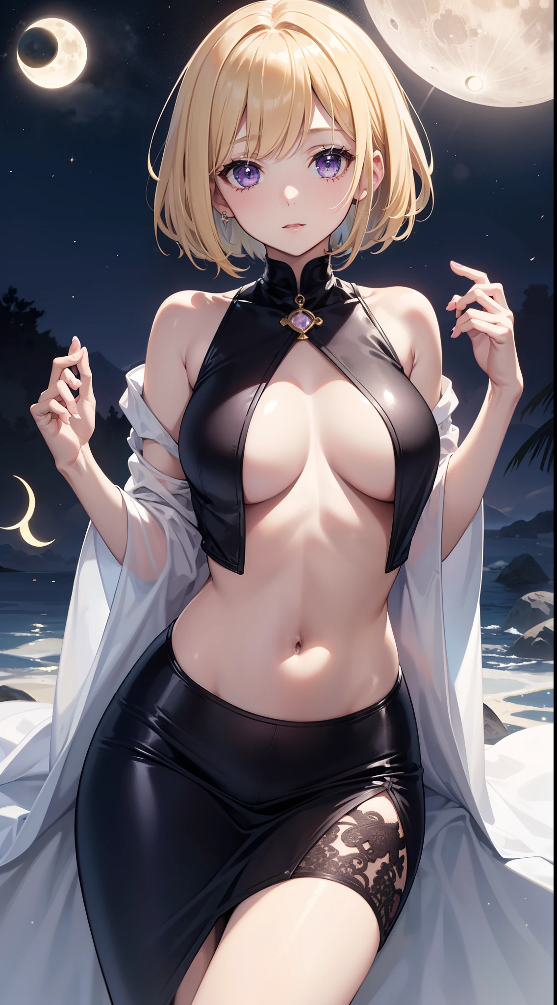 young girl, short blonde hair, Bob hairstyle, violet eyes, Black and white tight magic dress, open belly, open breasts, Wide neckline, The Sun and the Moon, Masterpiece, hiquality