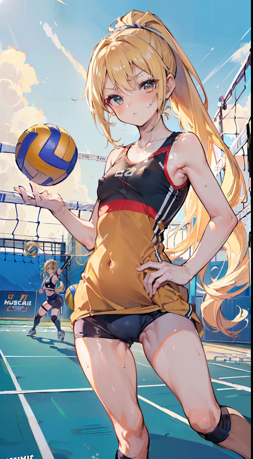 (masterpiece, 4k ,ultra detailed:1.2),(beautiful face:1.2),(anime:1.2),illustration,(solo:1.2),(looking at viewer:1.4),(supermodel:1.3),(volleyball athlete:1.4),(volleyball uniform:1.4),(bike shorts:1.4),(volleyball:1.5),(sweaty skin:1.3),(two-tone hair),yo,(absurdly long hair:1.5),(blonde hair:1.3),(ponytail:1.3),(white panties),(string,abs,bouquet,chmall breasts,petite:1.1),(sfw,nipple,flat chest,dress,sports bra:1.5),(cinematic angle),(full body:1.2),(Camel toe:1.3),(volleyball field:1.5)