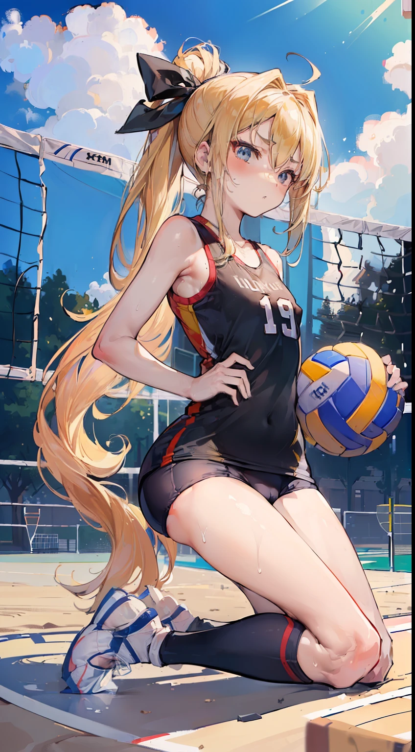 (masterpiece, 4k ,ultra detailed:1.2),(beautiful face:1.2),(anime:1.2),illustration,(solo:1.2),(looking at viewer:1.4),(supermodel:1.3),(volleyball athlete:1.4),(volleyball uniform:1.4),(bike shorts:1.4),(volleyball:1.5),(sweaty skin:1.3),(two-tone hair),,(absurdly long hair:1.5),(blonde hair:1.3),(ponytail:1.3),(white panties),(string,abs,bouquet,child,small breasts,petite:1.1),(sfw,nipple,flat chest,dress,sports bra:1.5),(cinematic angle),(full body:1.2),(Camel toe:1.3),(volleyball field:1.5)
