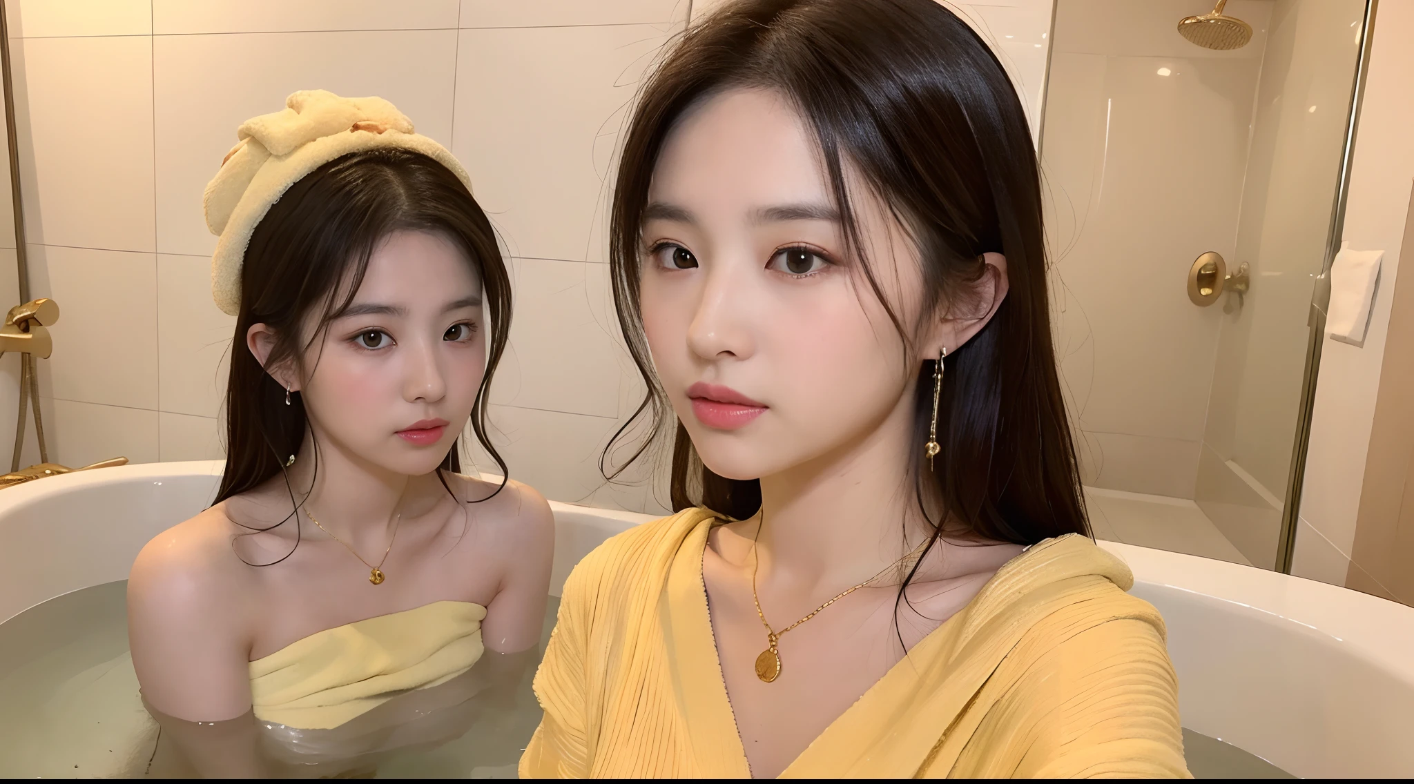 ((Best quality, 8K, Masterpiece :1.3)), Sharp focus :1.2, perfect figure beautiful woman:1.4, ((Layered Hair Style, huge tit:1.2)), (Take a bath in the bathtub in the bathroom:1.2), Highly detailed facial and skin texture, A detailed eye, 二重まぶた，Cherry small mouth，He wears a yellow bath towel on his head，necklace gold，Gold earrings