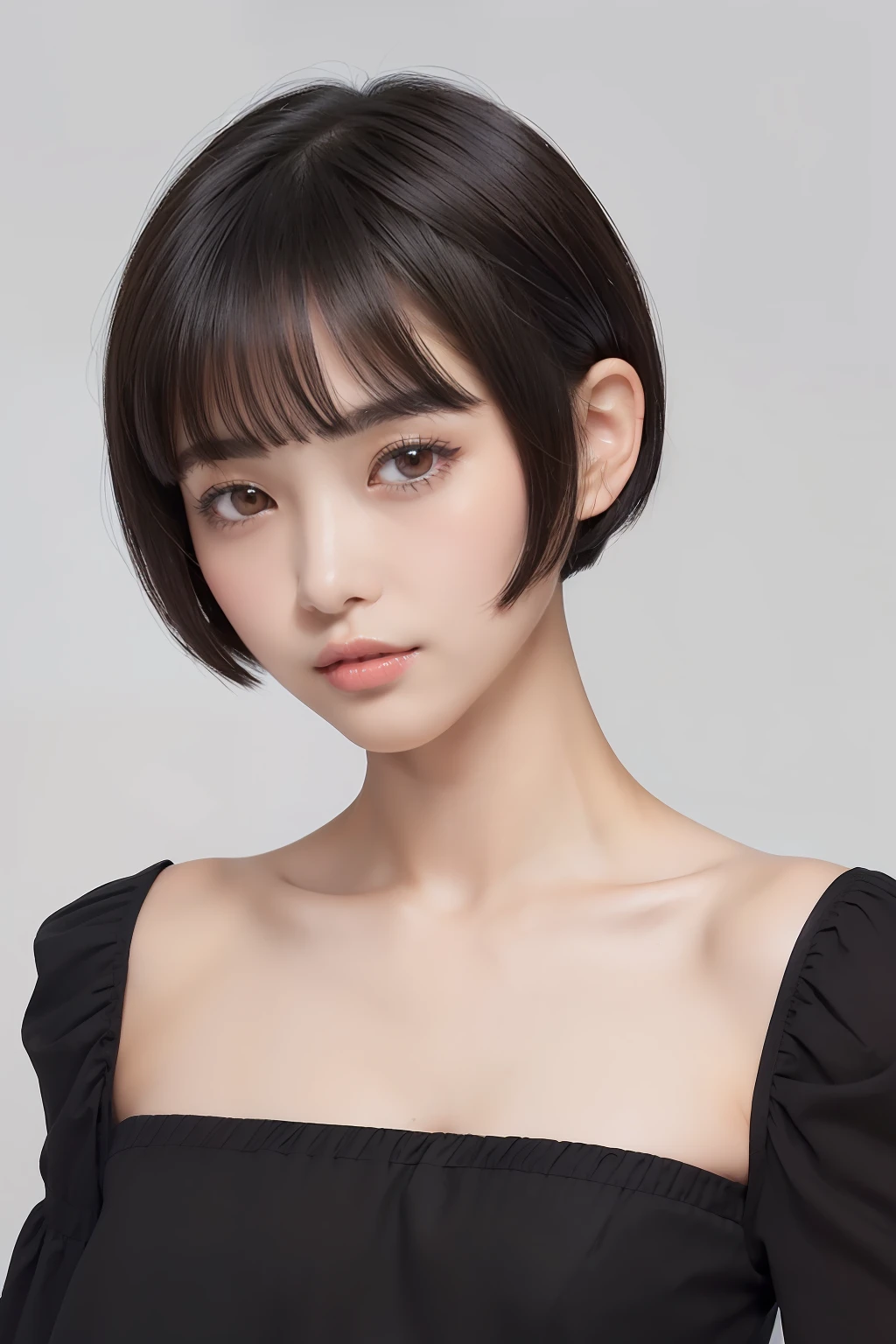 light, Natural makeup, ((tight shorthair, Black hair color, very short bangs, Bangs above the eyebrows:1.5)), Natural style, ((Wearing a simple cotton French sleeve dress:1.5))masutepiece, of the highest quality, High Definition)), One girl, ( Photorealistic: 1.4)), Solo, Blank background, Closed mouth, Happy smile, Happy smile, (Lovely black hair, Very short hair:1.5)) Soft double eyelids, Eyelashes, ears stick out, long neck, long neck, Absolute area, (Head, The shoulders are all drawn)), 30 years old, The proportion of charm, Glowing skin, Clean collarbone, Golden Ratio Face, Perfect face, Bangs, Bangs, Lip gloss, thin lips, light skinned, Peekaboo, a small face, a small face, All have their heads drawn, All shoulders are painted, natural, Light makeup, () tight shorthair, very short bangs, Bangs above the eyebrows: 1.5)) Natural clothing (1.5 cm), Cotton Shirt Dress