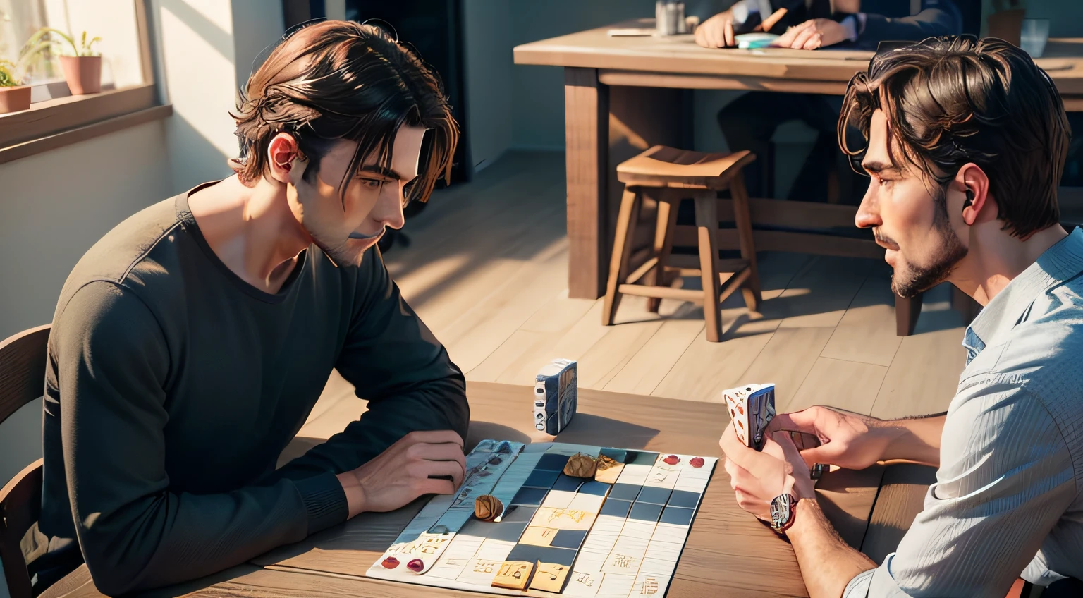 man passing instruction on how to play a board game to another person who is not understanding anything