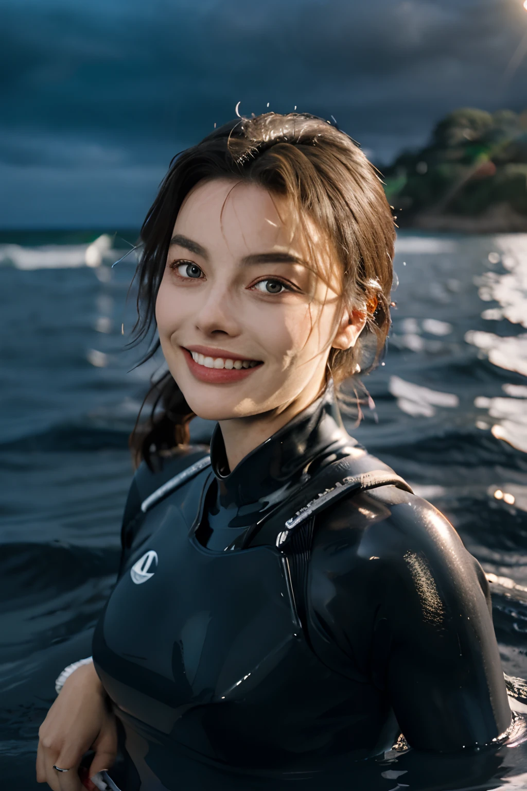 Margot Robbie, 1girl, portrait, face, depth of field, smile, wetsuit, sea, evening, afloat, waves,