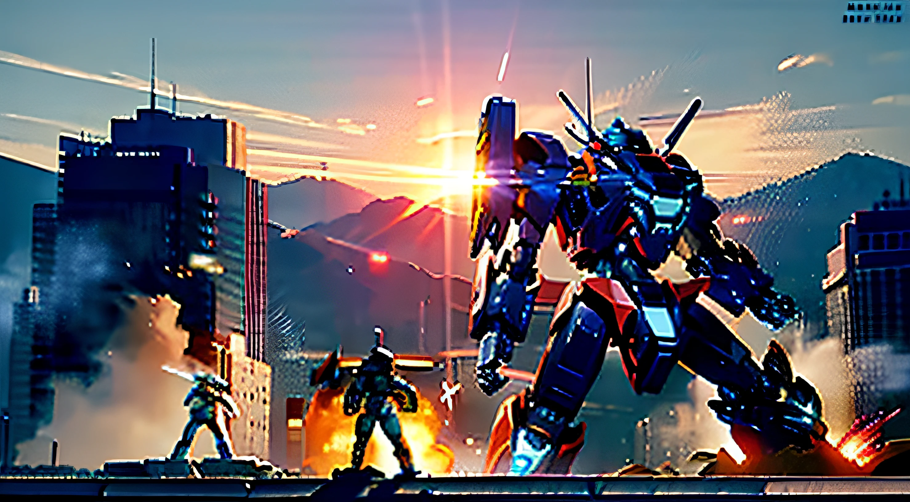 A spectacular scene of a mecha battle on the battlefield of the hyper-real sci-fi planet metropolis(12 mechs:1.3+Mecha battle:1.2)。