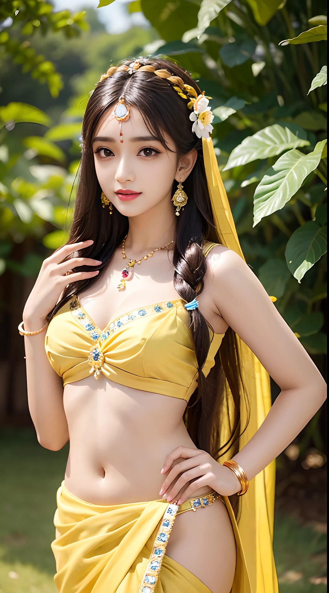 8K, ultra high detailed, an indian girl, cute face, happy, long hair, impressive hairstyle, detailed eyes, detailed lips, indian clothes, saree, yellow saree, lace, wearing jewellery, nature background, flowers, afternoon, shadow, clear weather, whole body capture,