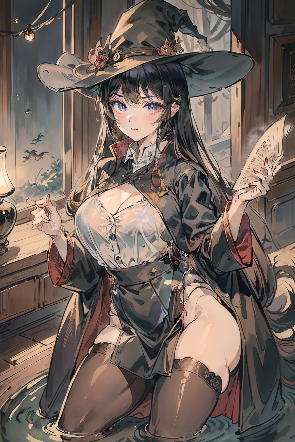 Perfect anime illustration, 1girll, Dark gray hair, Curly hair, matching hairstyle, browneyes, inquisitive,curiosity,Pleasure, ((matching outfits, Light brown transparent student uniform shirt,Uniform skirt,Dark brown detective style coat,Leather booties)), matching hairstyle, Fantastic stylistic foundation,A dragon hovered behind the girl,Cross legs,(Where one leg is folded over the other),Lady,Dark blue pantyhose, A high resolution, full bodyesbian, Pose,Raised sexy,sexyposture (((tmasterpiece),(Very detailed CG unity 8K wallpaper),best qualtiy,,独奏,1girll,cinmatic lighting,detailed back ground,beatiful detailed eyes,Bright pupils,(Very fine and beautiful),(Beautiful and detailed eye description),ultra - detailed,tmasterpiece,)),witch,Witch hat,Dragon's horn,mmorpg,nipple play,Game panel,Game perspective,watery,Lace pattern,cleanness,Raised sexy,camel-toe,Wet, Bright colors,Witch hat has a dragon pattern,The shirt is transparent and shows bra,sexy bra,Pantyhose wrap around the hips open at underwear