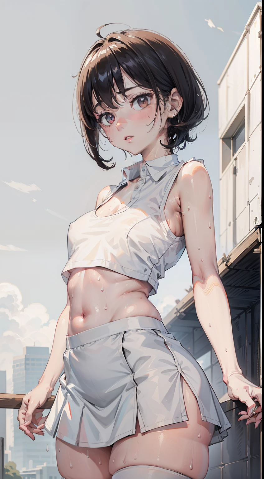 1girl, solo, white polo shirt, white sneakers, tennis wear, white miniskirt, masterpiece, best quality, realistic, hyper-detailed, (shiny skin, sweaty:1.4), absurd, looking at viewer, short black hair, brown eyes, slender, dynamic lighting, high resolution, sharp focus, depth of field, detailed eyes, sharp pupils, realistic pupils, (small breasts:1.6), (thick thighs:1.0), outdoor, sky