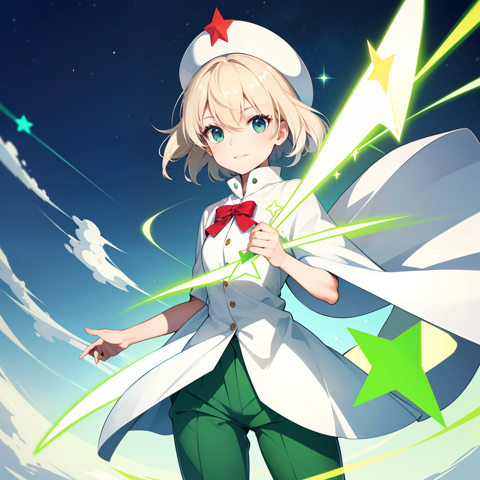 Kizi，with short white hair，The upper body is wearing a light green uniform，The lower body is wearing light green pants，She wears a large white brimmed hat on her head，There is a red star in the middle of the hat，Wearing a white cape