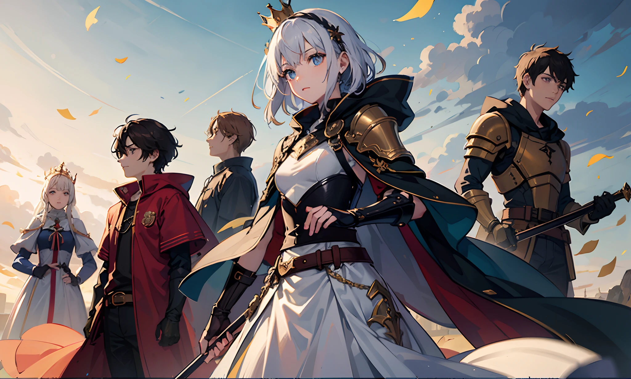 (masterpiece, top quality, best quality, official art, beautiful and aesthetic:1.2),weapon, sword, holding, multiple girls, blue eyes, long hair, looking at viewer, armor, fingerless gloves, holding weapon, gloves, holding sword, standing, hair ornament, bangs, multiple boys, capelet, 6+girls, braid, dress, black gloves, own hands together, serious, glowing, closed mouth, backlighting, long sleeves, shoulder armor, short hair, hair flower, floating hair, white hair, flower, white dress, belt, robe, hair between eyes, crown braid, 6+boys, brown hair, gauntlets, jewelry, pauldrons, hands on hilt, hood, two-handed, wide sleeves, light particles