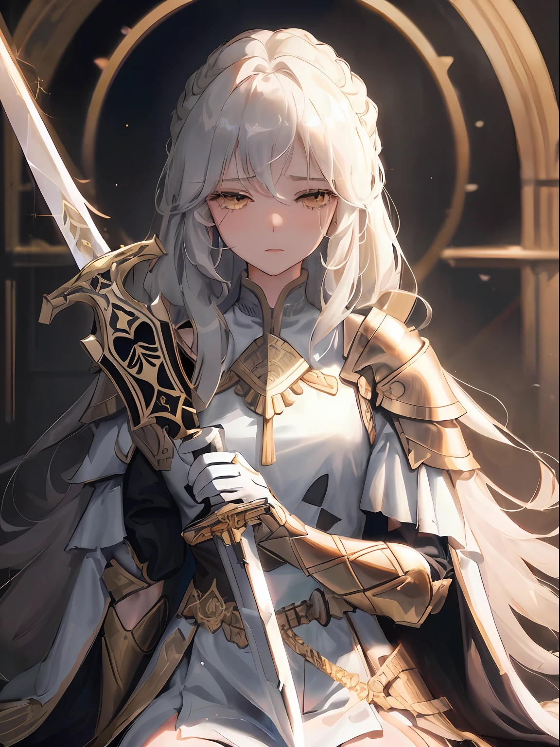 1woman, white long wavy hair, swept bangs, closed ((golden eyes)), tears rolling down eyes, ((calm closed eyed face)), ((sword’s blade placed on her shoulder like a knight’s oath)), black armor, dark sky, pretty eyes, one knee to the ground