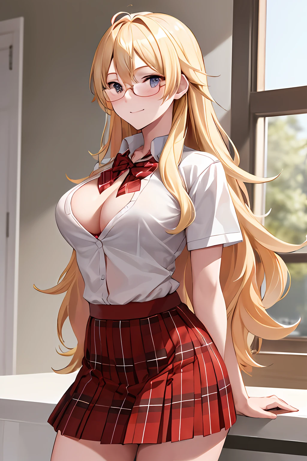 masterpiece, best quality, highres, sa1, blonde hair, glasses, school uniform, white shirt, skirt, plaid skirt, open shirt, red black lingerie bra,