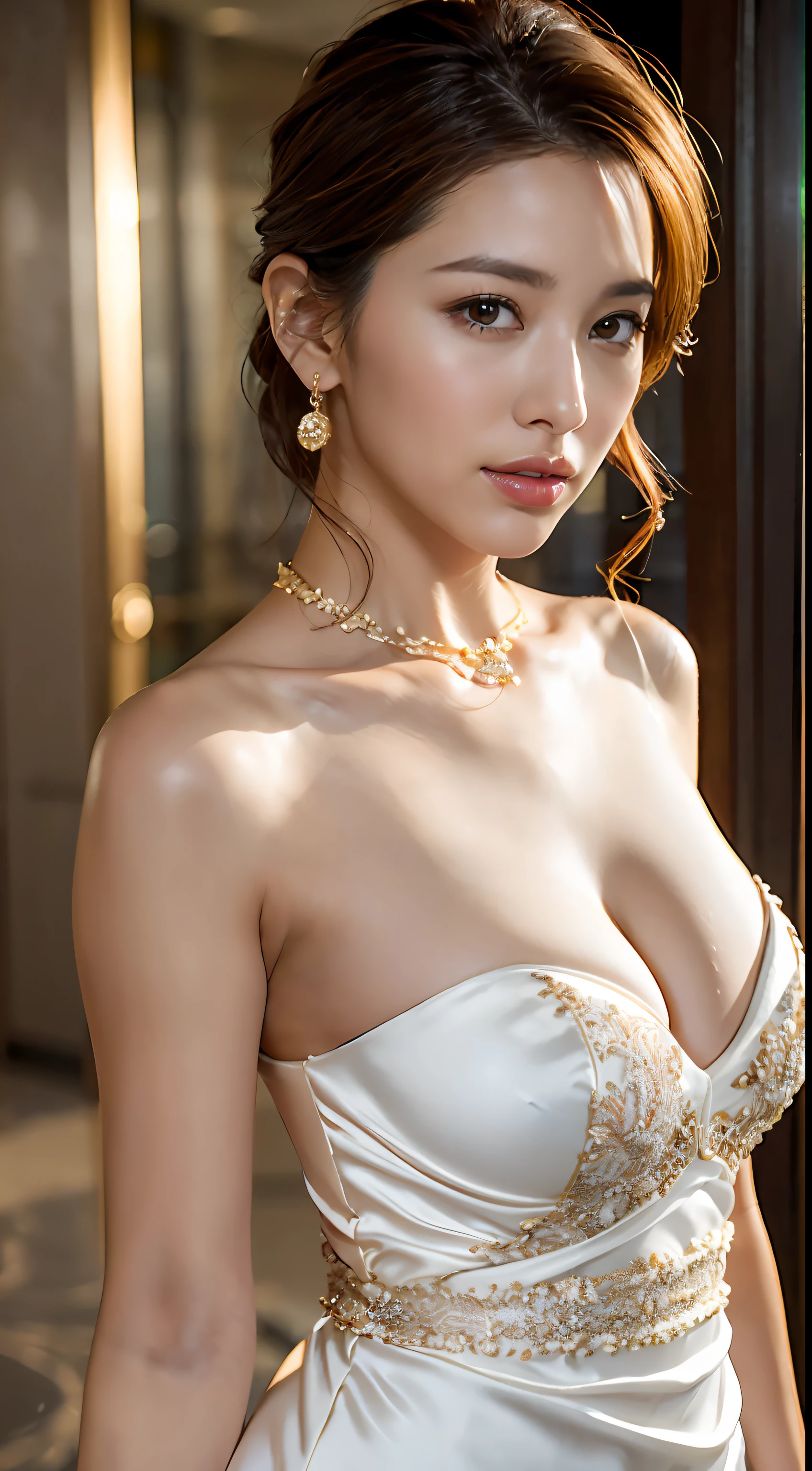 ((Realistic lighting, Masterpiece: 1.3)), (raw photo:1.2), Hyperrealist portrait gorgeous Beautiful mature woman, 35 years old, Beautiful breast, perfect body, ((white smooth skin: 1.6)), ((wearing luxury dress), (luxury jewelry)), beautiful lustful eyes, very detailed eyes and face, charming serious face, (heavy makeup: 1.5), (Standing Pose), chignon hairstyle, Best quality, 8K, professional photography, modern hotel lobby background, full body