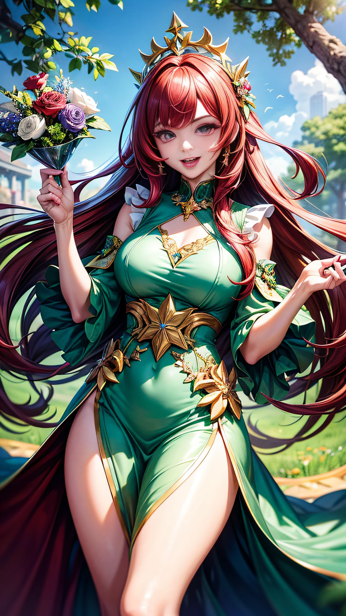 Young Woman, Ahegao, World of Magic, Stars, white, light green, Rainbow, Wine Red Hair, Long Hair, Long Open Silk Dress, 8k UHD, Ultra Detailed, Super High Resolution, Tongue Out, Open Mouth, Flowers, Camp, fantasy, smile, excited