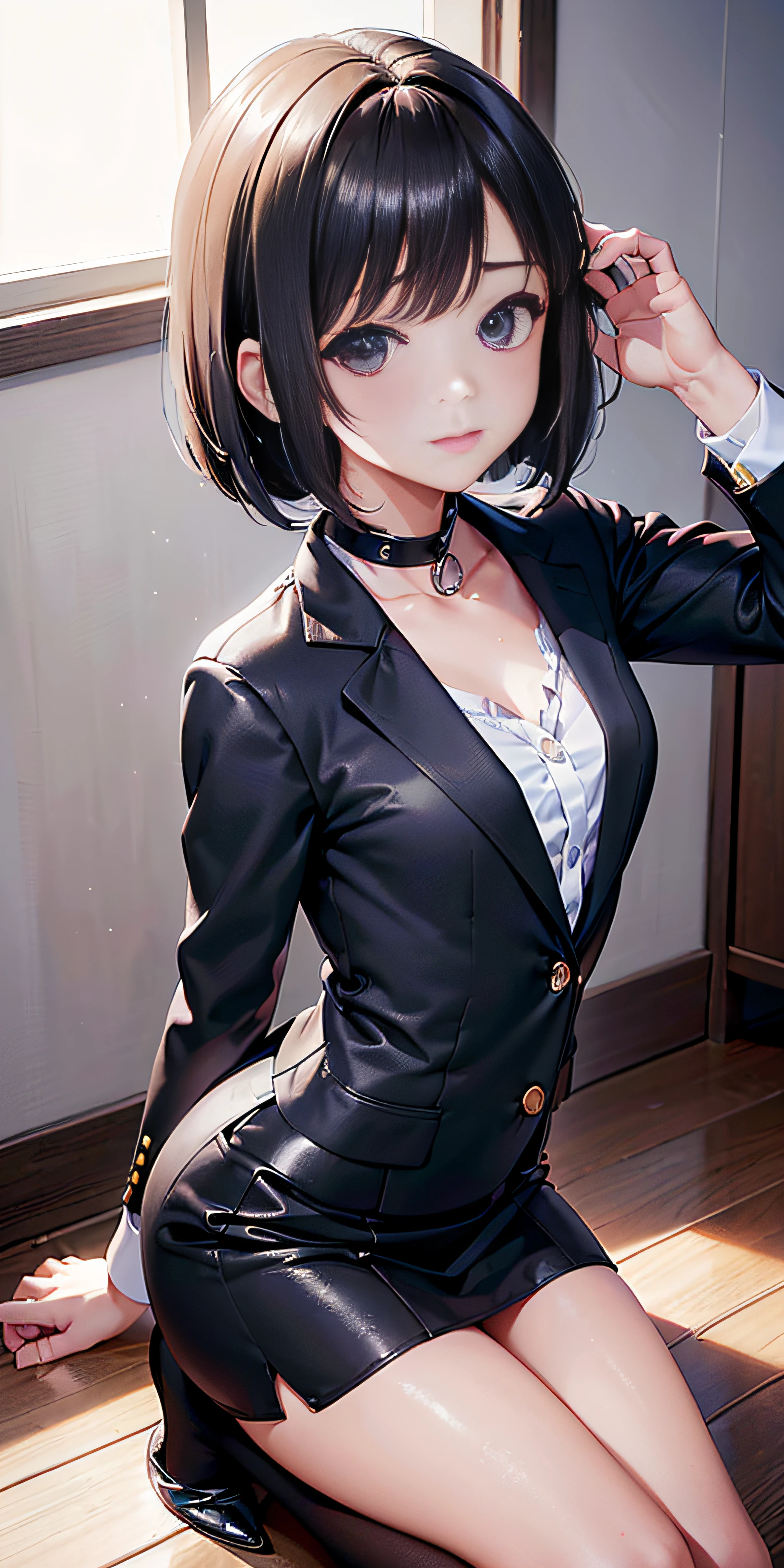 anime, estilo anime de mujer realista, (aegyo sal: 1), 18 years old girl, (blazer gris, cinta, minifalda plegada, calcetines, uniforme de escuela privada: 1.2), aula de secundaria, hermoso detalle en los ojos, (eye size: 3/4) luz en la cara, ((foto de cuerpo completo: 1.2)), luz especialmente fuerte, (ojos superiores, sonrisa sonriente: 1.2), piel brillante, (((cabello negro, cabello bob: 1.2))), (muslos gruesos), ulzzang-6500-v1.1: 0.2, bashful, (flash: 1.2), NSFW , (hinchado), ((postura seductora: 1.2, atractivo: 1.2)), (inactivo), (sentado en un escritorio en el aula: 1.2)), ((good anatomy: 1.2)), ((aula brillante y refrescante, fondo borroso: 1.2)), cara perfecta, cara linda y simetrica, (High Angle Shot: 1.2)s., Natural side lighting, ((8k, fotos RAW, calidad superior, obras maestras), High Definition RAW color photos professional close-up photos, (realista, fotorrealismo: 1.37), (highest quality), (mejores sombras), (mejores ilustraciones), Clavicles ((grandes)), ((erotic, sexy, ultra-high-resolution, 8K HD Unified CG Wallpapers, Physical representation, movie lighting), Canon EOS R50 camera 50mm lens