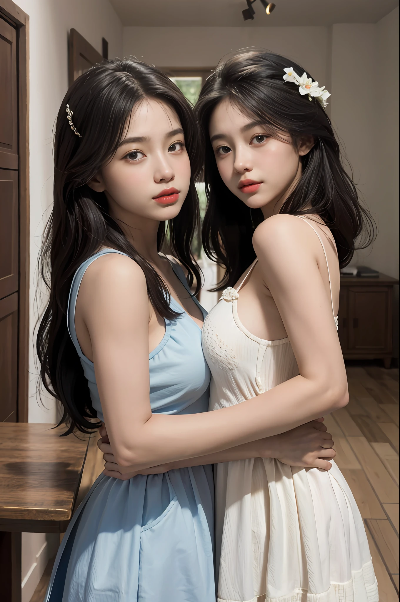 The large,((((Two girls,duo,caressing the)))), large tities, Slim figure, femele, (Blue sleeveless T-shirt), White chiffon skirt, Bedroom, By bangs, A , Stewart has long hair, The large,realskin, sleeping habit,primitive,(Extremely detailed Cg Unity 8K wallpaper),Best quality,Nikon Z 85mm, award-winning glamorous photography,((Best quality)), ((Masterpiece)), ((Realistic)),Intricate details, Highly detailed, Sharp focus, professional, 4K, divine rays,Delicate, Innocent, high resolution, Detailed facial features,  detail, Sharp focus, smooth, Aesthetic, Extremely detailed, Photorealistic, Realistic, Post-processing, Maximum detail, Roughness,