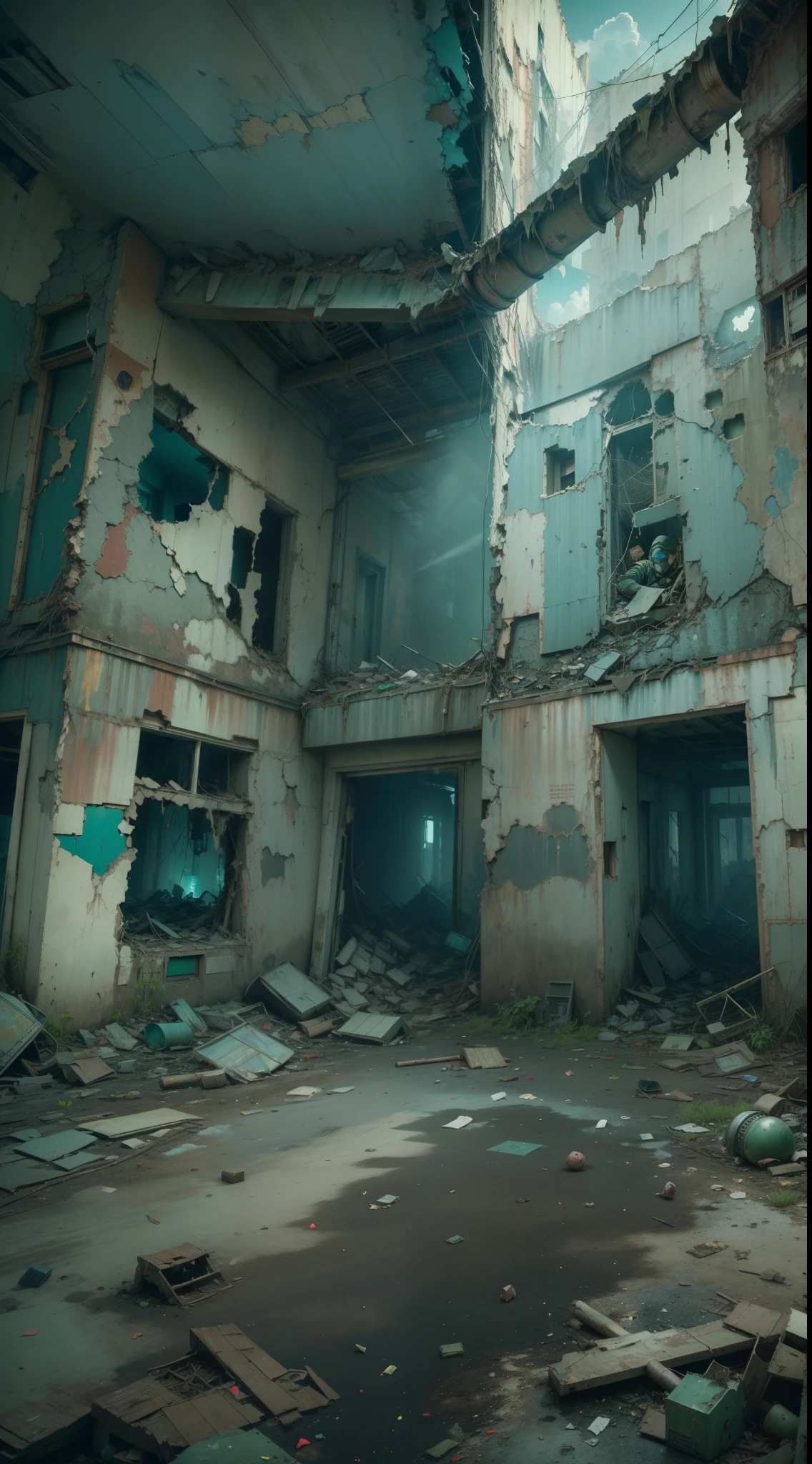 ((masterpiece:1.3)), ((best quality:1.3)), ((ultra_detailed:1.3)), 9:16 format, cinematic, abandoned city, Pripyat, Chernobyl, ruined power plant, human figures with chemical masks, blue or green filter, toxicity, imminent danger,a visual composition depicts the hauntingly abandoned city of Pripyat in the aftermath of the Chernobyl disaster. The focal point of the scene is a decaying power plant, its crumbling walls and broken windows symbolizing the tragic events that unfolded. Human figures, wearing chemical masks as a protection against the toxic environment, stand as the protagonists of the scene, their presence evoking a sense of resilience and survival amidst the danger.A blue or green filter intensifies the feeling of toxicity, casting an eerie hue over the entire composition. The air is heavy with a sense of imminent danger, as if any misstep could lead to dire consequences. The detailed rendering captures the intricate decay of the city, from the cracked pavement to the overgrown foliage reclaiming its place.This composition is a true masterpiece of visual storytelling, capturing the haunting beauty and somber atmosphere of Pripyat, while serving as a poignant reminder of the devastating impact of the Chernobyl disaster.