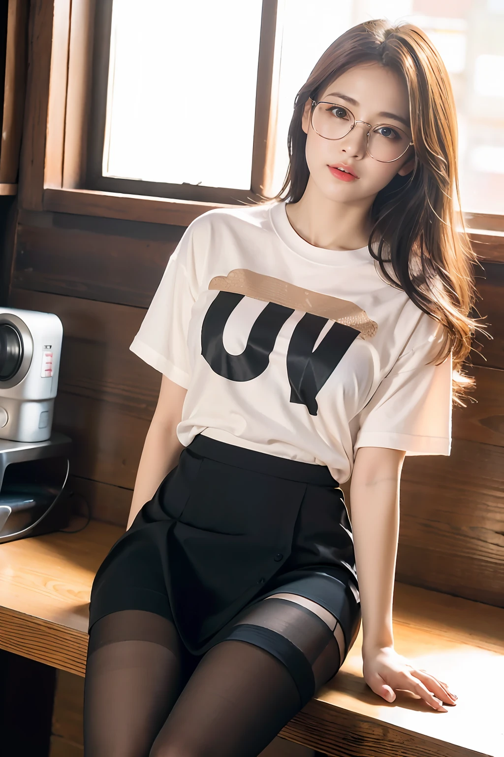 ulzzang-6500-v1.1,(raw photo:1.2), (photorealistic:1.4), beautiful detailed girl, very detailed eyes and face, beautiful detailed eyes, ridiculous, incredibly ridiculous, huge file size, super detailed, high resolution, very detailed, best quality, masterpiece, ((t-shirt)), illustration, very detailed, CG, unified, 8k wallpaper, amazing, fine details, masterpiece, Best quality, very detailed CG unified 8k wallpaper, face light, movie lighting, 1girl, , long white hair, side split, (big breasts), (no panties)), (with glasses), (dynamic pose), (sexy pose), ((camel toe))), (half), ((pantyhose)), ((black hip skirt)), (bent knees)))))