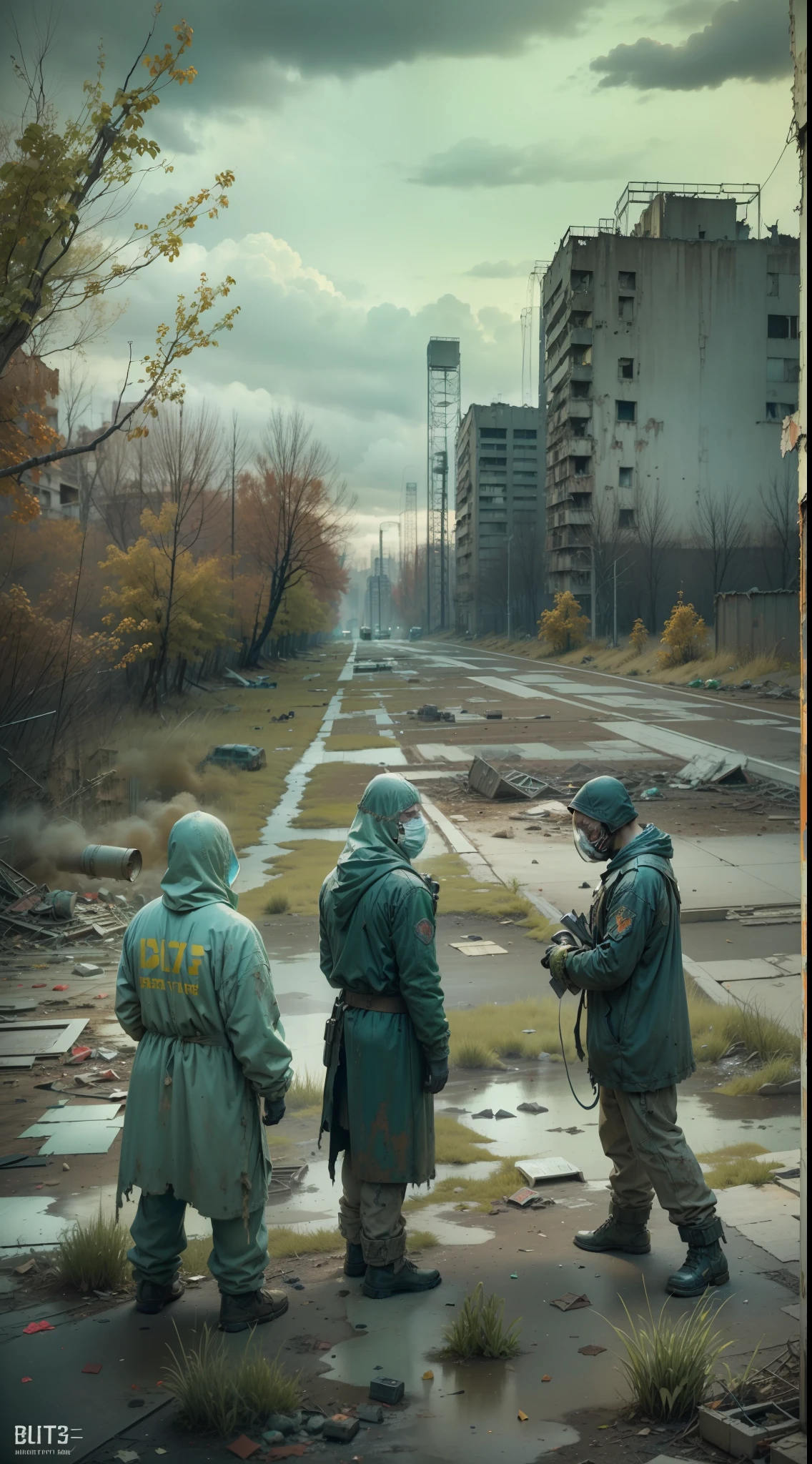 ((masterpiece:1.3)), ((best quality:1.3)), ((ultra_detailed:1.3)), 9:16 format, cinematic, abandoned city, Pripyat, Chernobyl, ruined power plant, human figures with chemical masks, blue or green filter, toxicity, imminent danger,a visual composition depicts the hauntingly abandoned city of Pripyat in the aftermath of the Chernobyl disaster. The focal point of the scene is a decaying power plant, its crumbling walls and broken windows symbolizing the tragic events that unfolded. Human figures, wearing chemical masks as a protection against the toxic environment, stand as the protagonists of the scene, their presence evoking a sense of resilience and survival amidst the danger.A blue or green filter intensifies the feeling of toxicity, casting an eerie hue over the entire composition. The air is heavy with a sense of imminent danger, as if any misstep could lead to dire consequences. The detailed rendering captures the intricate decay of the city, from the cracked pavement to the overgrown foliage reclaiming its place.This composition is a true masterpiece of visual storytelling, capturing the haunting beauty and somber atmosphere of Pripyat, while serving as a poignant reminder of the devastating impact of the Chernobyl disaster.