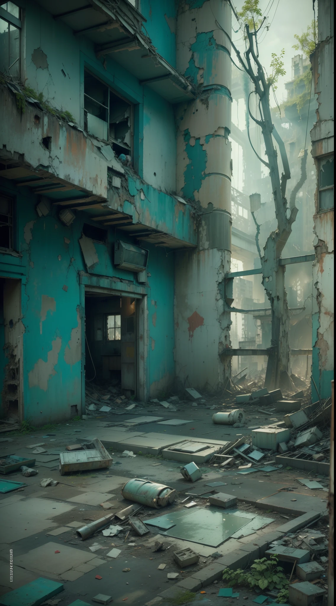 ((masterpiece:1.3)), ((best quality:1.3)), ((ultra_detailed:1.3)), 9:16 format, cinematic, abandoned city, Pripyat, Chernobyl, ruined power plant, human figures with chemical masks, blue or green filter, toxicity, imminent danger,a visual composition depicts the hauntingly abandoned city of Pripyat in the aftermath of the Chernobyl disaster. The focal point of the scene is a decaying power plant, its crumbling walls and broken windows symbolizing the tragic events that unfolded. Human figures, wearing chemical masks as a protection against the toxic environment, stand as the protagonists of the scene, their presence evoking a sense of resilience and survival amidst the danger.A blue or green filter intensifies the feeling of toxicity, casting an eerie hue over the entire composition. The air is heavy with a sense of imminent danger, as if any misstep could lead to dire consequences. The detailed rendering captures the intricate decay of the city, from the cracked pavement to the overgrown foliage reclaiming its place.This composition is a true masterpiece of visual storytelling, capturing the haunting beauty and somber atmosphere of Pripyat, while serving as a poignant reminder of the devastating impact of the Chernobyl disaster.
