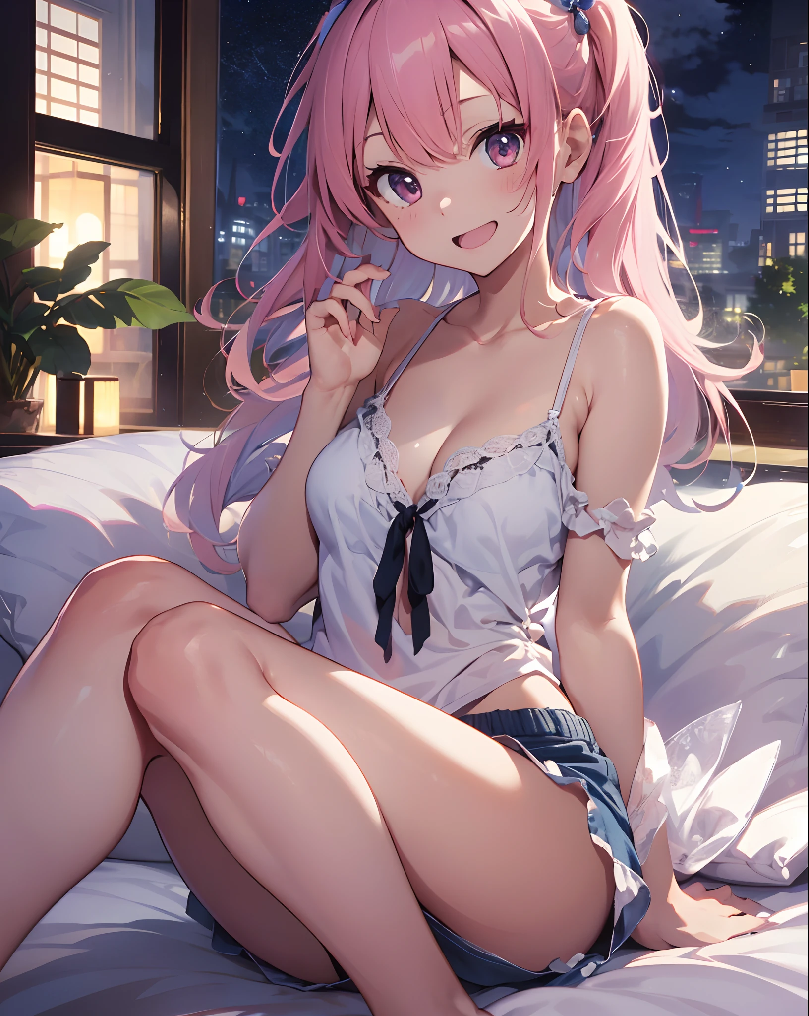 ((masutepiece)), ((Best Quality)), (Very detailed), Real from Thailand,8K,pixiv top quality,Potato,((Twin-tailed))Pink hair、Very long hair、Relax Smile,Open mouth, Cute,
Bedroom at night、White backless camisole、Blue shorts、 Teenage, medium boobs,
on the beds、Moon Night