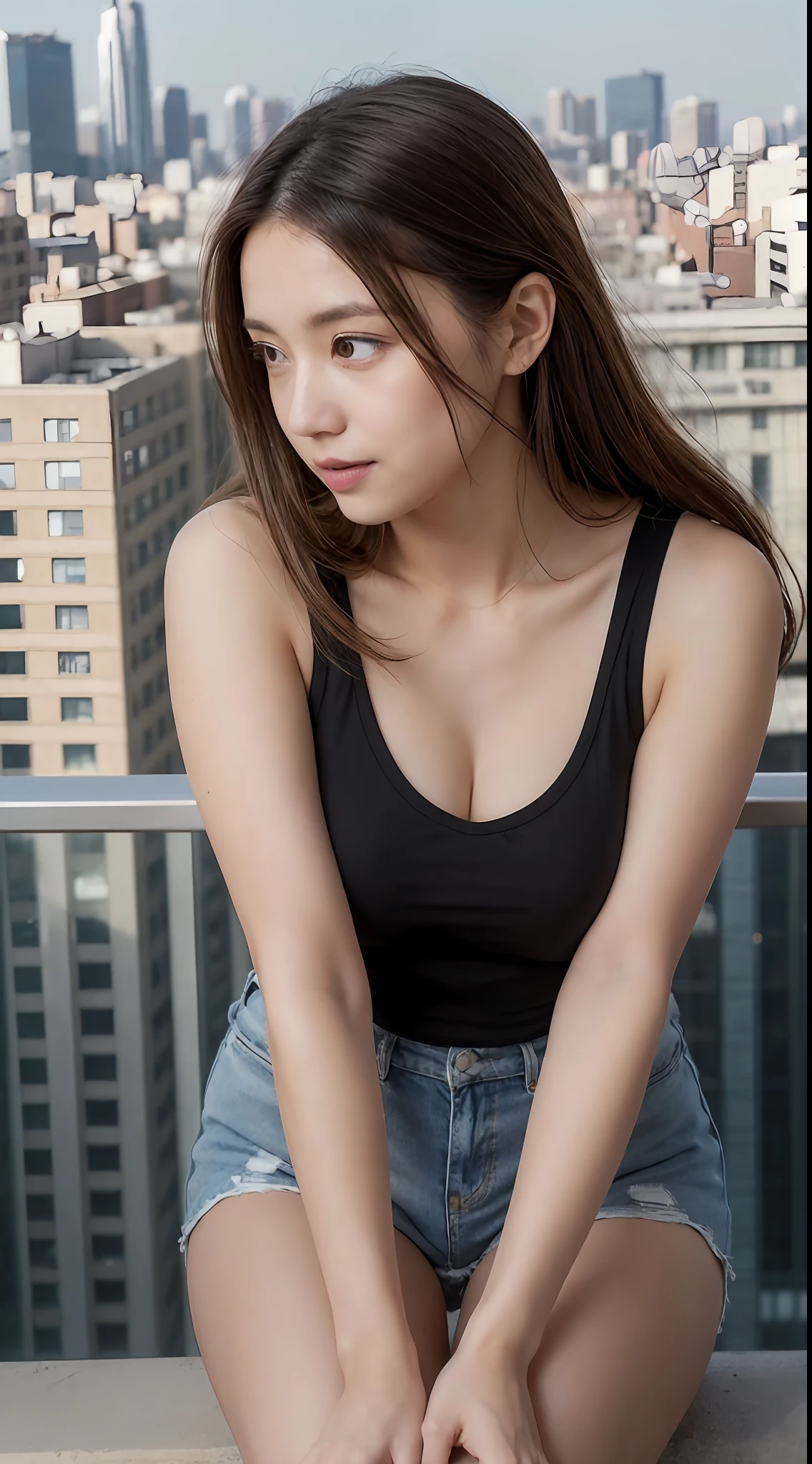 (Open terraces in the city:1.2)、A 30-year-old young woman、Shine with the highest quality 8K video、(Tank top:1.2)、She has a beautiful detailed style and large breasts.、Cuteness and charm stand out、Beautiful detailed face、Gentle eyes lit up、Beautiful detailed eyes and double eyes shine、 Beautiful in the wind(Brown-colored hair:1.2)、It further enhances her charm。On the open terrace(Knee-up perspective:1.2)She sits in、In harmony with the vibrancy of the city、(The viewer looks down from above:1.2)Enjoy her beauty in、 The surrounding cityscape is lively、The atmosphere of the open terrace shines、Her tank top、Shine in the sunshine、It has a presence in the city like a masterpiece、This video is、Her beautiful detailed style from the knee up perspective and what captivates with the highest quality of 8K、Viewers were captivated by its charm、