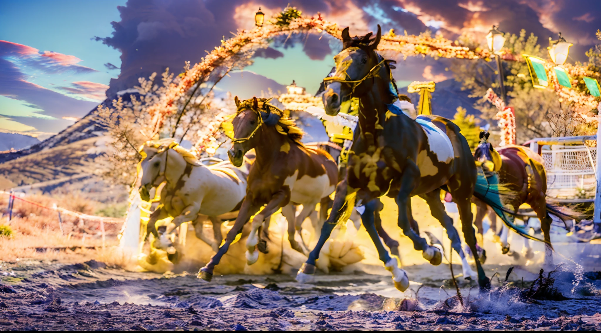 8horses,Ultra-grand scenes,super wide shot,1#cavalos,2#cavalos,3#cavalos,4#cavalos,5#cavalos,6#cavalos,7#cavalos,8#cavalos。Eight extremely special and rare horses surround each other,A large herd of horses galloped ahead,Gallop across the steppe like a clock。The vast plains of the epic scene are rich in aquatic plants,In the distance is the snow-capped summit of Mount Everest,Snow creek flows into the sea,At the other end is the magnificent giant city,The horse team entered and exited from the direction of the city gate。The first is the Light Casting Pegasus from the Supreme Heaven, which has a rainbow aperture from the Supreme Heaven,She rides between light and pure,No additional ornaments are needed to highlight her dignity and holiness,Even the sky showed her a clear sky,She has a deep enmity with the nightmare heavy ride from hell,The two never put their heads next to each other。Surrounded by sulphurous flames, the Hellmare Heavy Ride makes every time a horse's hooves fall, stepping flat grass out of the lava from the ground。The sky of the steppe is brighter because of the rainbow,And lava makes the earth deeper。The wind wings of the wind elf horse let its position be erratic,She carries a cyan aperture lightly and always can't help but tease the mechanical horse。The mechanical horse is full of mecha beauty,The shoulder back position always reveals delicate mechanical fittings,Four kicks with a hydraulic pump and electromagnetic ejection device。Unicorns want to steal all the horses' limelight with their pure and flawless beauty,Her unicorn flashed with the power of thunder。But on the side, the fairy dragon horse is comparing with it,The fairy dragon is full of small stars shining with magical brilliance。Their unique elven-patterned armor and colorful saddles make them the most stylish horses。The female knight is charging on her knightly warhorse,Her lofty ideals made her will unstoppable,There is no doubt that she is the protagonist of this picture。And a chaotic