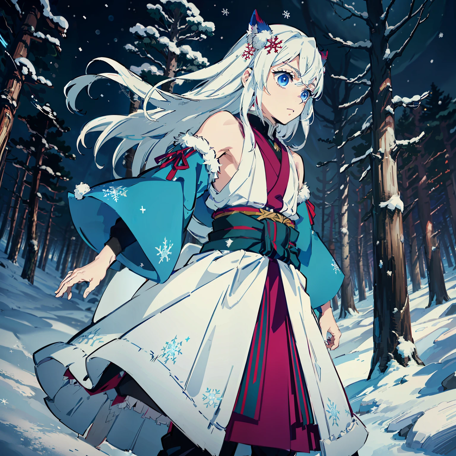 anime, (bestquality), 1 Kuk, Stand still., (Wide shoulders), (Snow-covered forest with sunset), Tangle black hair (short), ((Invisible blue eyes)), Japanese clothes, Open blue coat ((Blue with snowflake pattern)), ((The hem at the waist.)), The Art of the Demon Slayer, Demon Slayer Art, Kimetsu no Yaiba