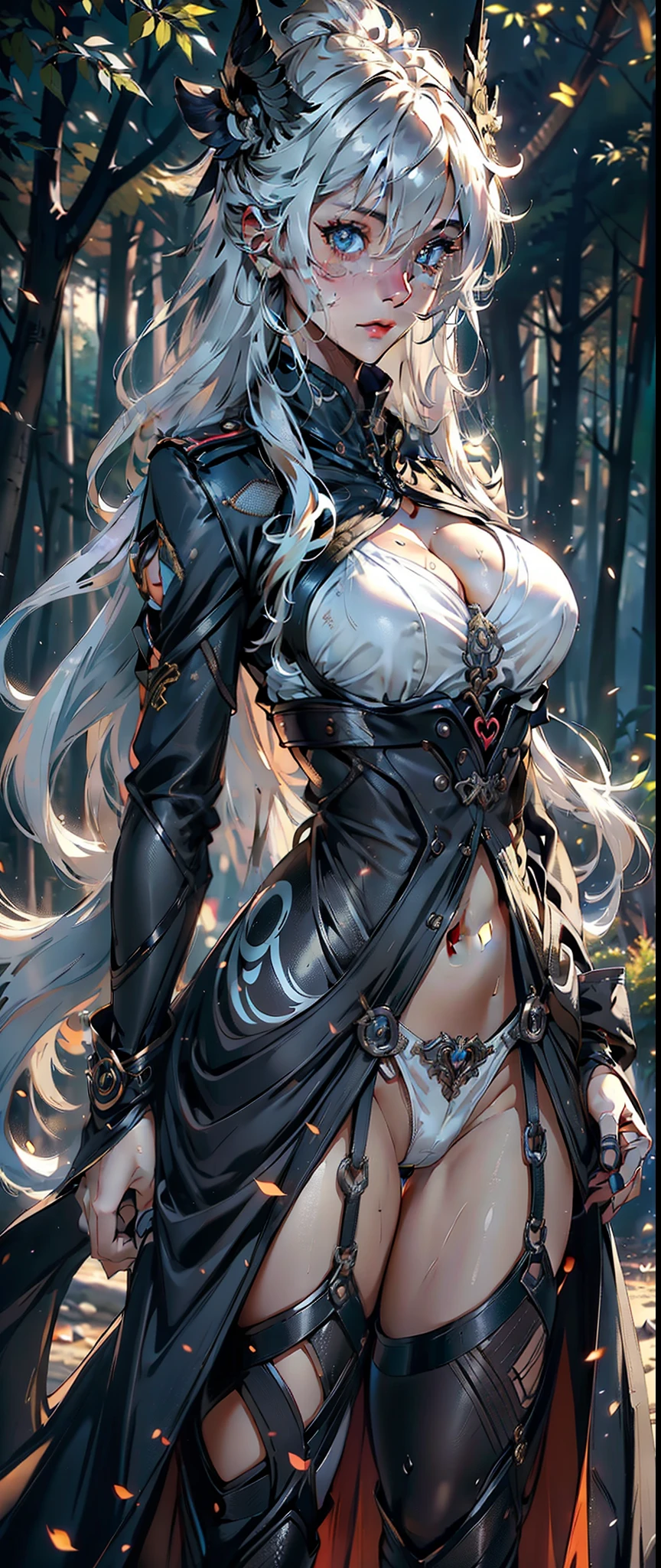 1female,35yo,Huge breasts, 独奏, girl soldier,Wearing a white officer's uniform, Pornographic exposure,ln the forest, She has long flowing white hair, Bare genitalia,Sateen,Bigchest, From the front side, Wet straight hair, Sweating profusely,mostly cloudy sky,(tmasterpiece),(Very detailed CG unity 8K wallpaper),best qualtiy,cinmatic lighting,detailed back ground,beatiful detailed eyes,Bright pupils,(Very fine and beautiful),(Beautiful and detailed eye description),ultra - detailed,facing at camera,A high resolution,ultra - detailed),Very long hair,standing on your feet,Emotive expressions,Open-mouthed,Chest sagging,nakeness, Expose the genitals,revealing breasts,Camel toes,with no underpants,extremely large bosom,Extremely colorful,Most detailed,fully body photo,The face is well lit