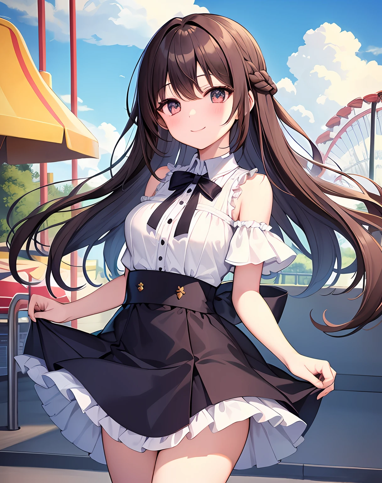 (masterpiece, top quality), Solo, 1 girl, smile, brown hair, pale eyes, long hair, blush, summer, blue sky, thighs, bust shot, shoulder length skirt dress, amusement park, street, ribbon to hair