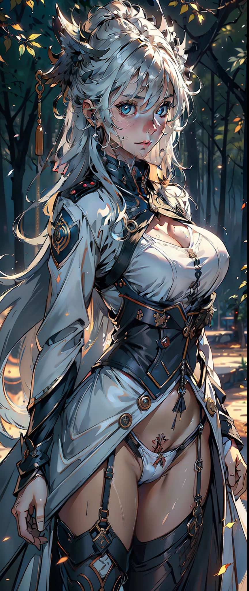 1female,35yo,Huge breasts, 独奏, girl soldier,Wearing a white officer's uniform, Pornographic exposure,ln the forest, She has long flowing white hair, Bare genitalia,Sateen,Bigchest, From the front side, Wet straight hair, Sweating profusely,mostly cloudy sky,(tmasterpiece),(Very detailed CG unity 8K wallpaper),best qualtiy,cinmatic lighting,detailed back ground,beatiful detailed eyes,Bright pupils,(Very fine and beautiful),(Beautiful and detailed eye description),ultra - detailed,facing at camera,A high resolution,ultra - detailed),Very long hair,standing on your feet,Emotive expressions,Open-mouthed,Chest sagging,nakeness, Expose the genitals,revealing breasts,Camel toes,with no underpants,extremely large bosom,Extremely colorful,Most detailed,fully body photo,The face is well lit