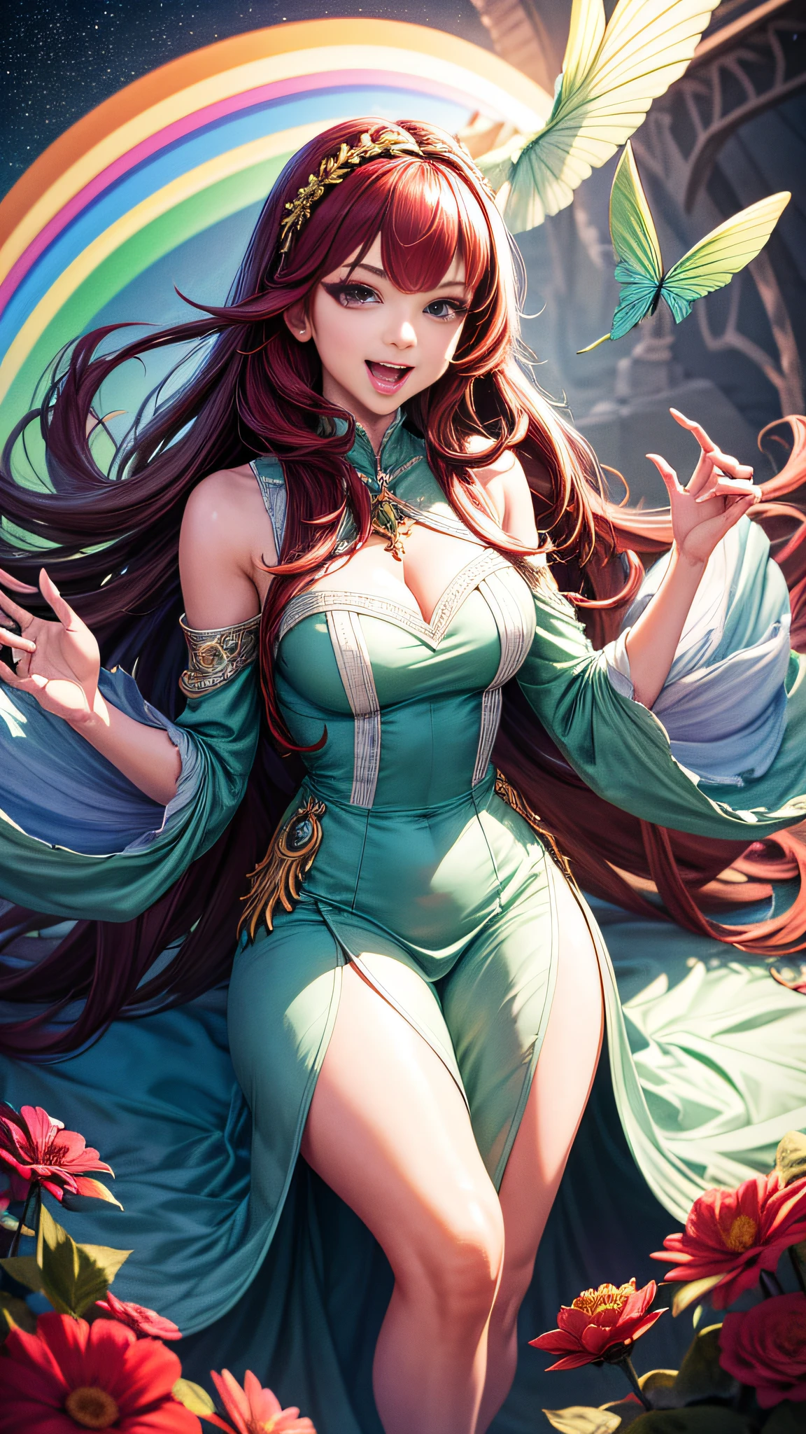 Young Woman, Ahegao, World of Magic, Stars, white, light green, Rainbow, Wine Red Hair, Long Hair, Long Open Silk Dress, 8k UHD, Ultra Detailed, Super High Resolution, Tongue Out, Open Mouth, Flowers, Camp, fantasy, smile, excited