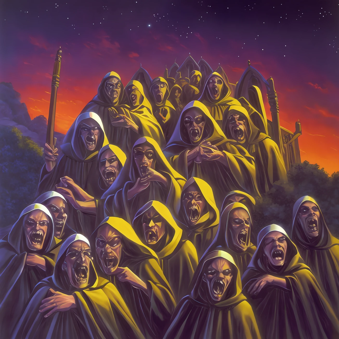 goosebumps art by tim jacobus, A Choir of evil, scary, cursed Nuns, Chanting, horror