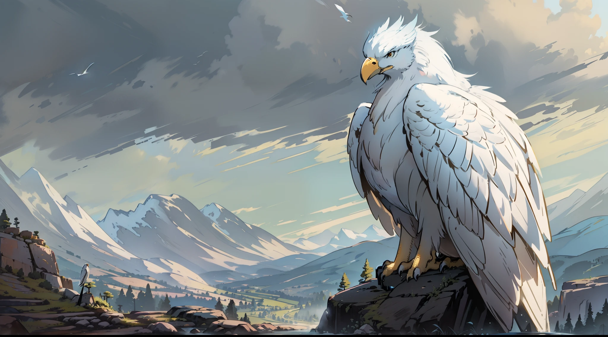 "Close-up, Beautiful and majestic 1 big white eagle with a magical elongated tail perched on a rocky outcrop, gazing towards the dirty road at the bottom of the valley"