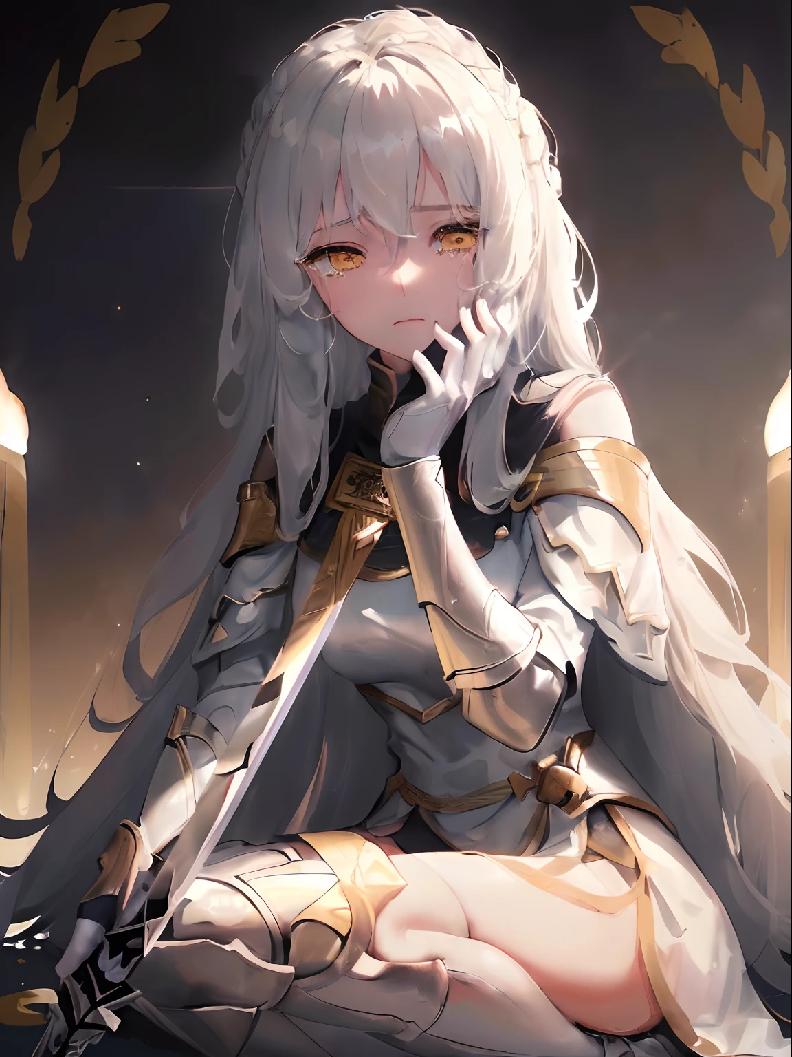 1woman, white long wavy hair, swept bangs, closed ((golden eyes)), tears rolling down eyes, ((calm closed eyed face)), ((holding sword close to face)), black armor, dark sky, pretty eyes, ((one knee to the ground like a knight’s oath)), ((light shining from the right corner like a spotlight as shadows cover her))