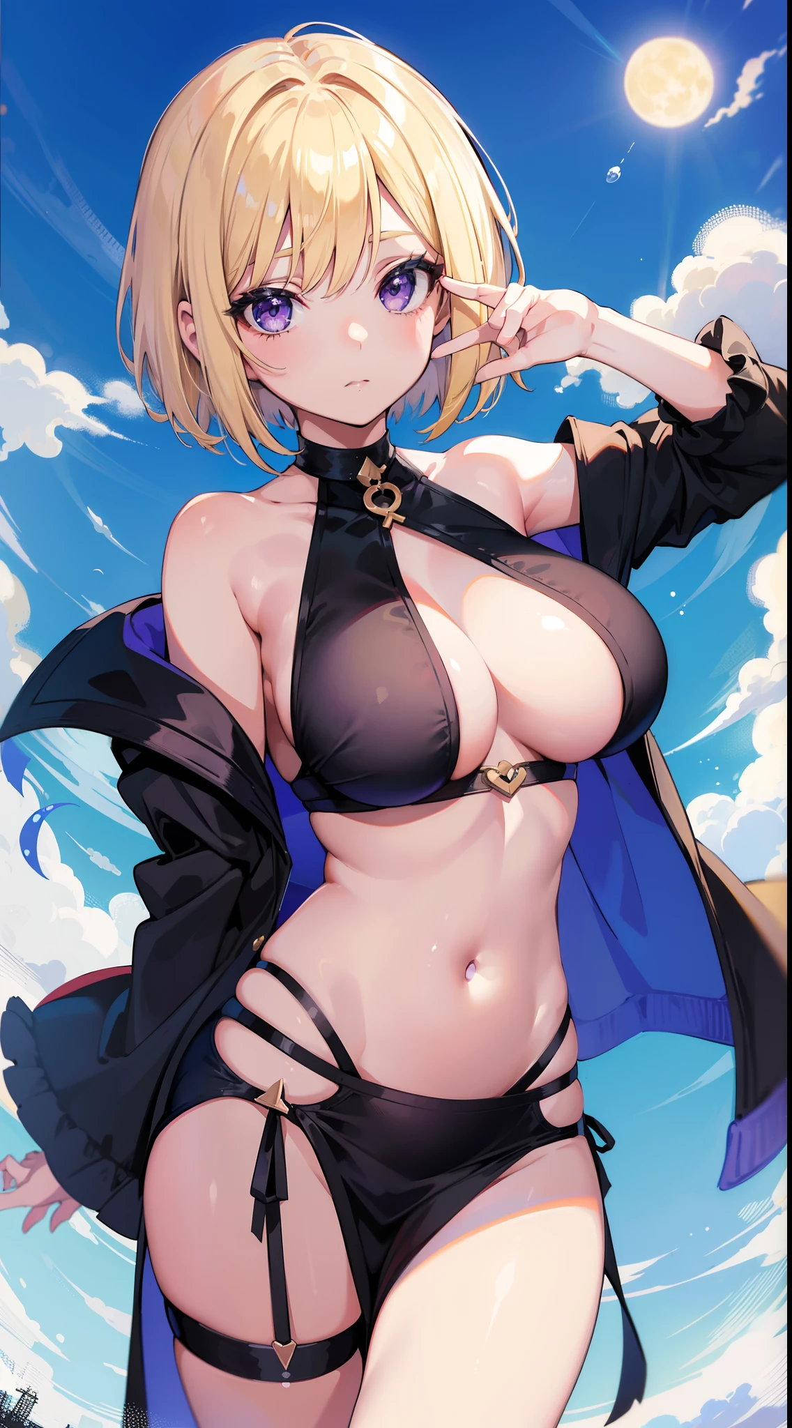 young girl, short blonde hair, Bob hairstyle, violet eyes, Black and white tight magic dress, open belly, open breasts, Wide neckline, The Sun and the Moon, Masterpiece, hiquality