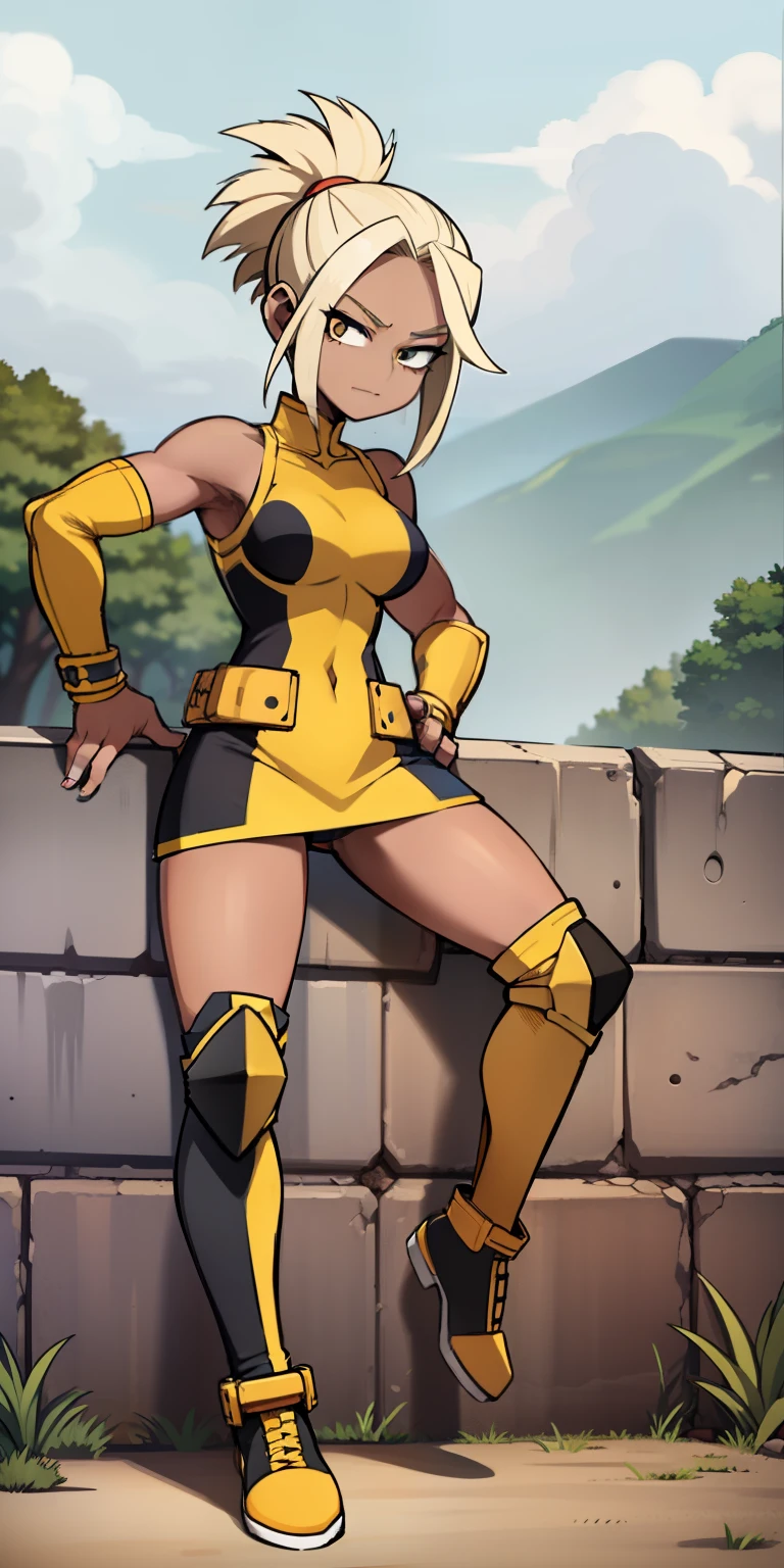My hero academia style, girl, blonde Girl, long straight hair, anime girl, muscular female, trending on artstation pixiv, (full body shot:0.5), Perfect Anatomy, Super Detailed, brown skin, Dark-skinned female, wide hips, Large breast, wide thighs, tanned complexion, huge breasts, Cheetah Leotard, Cheetah ears, Cheetah tail, Gold Bracers, Gold Shin Guards, Black Knee Pads, Black Elbow Pads, Black Fingerless Gloves, seductive and joyful gaze.