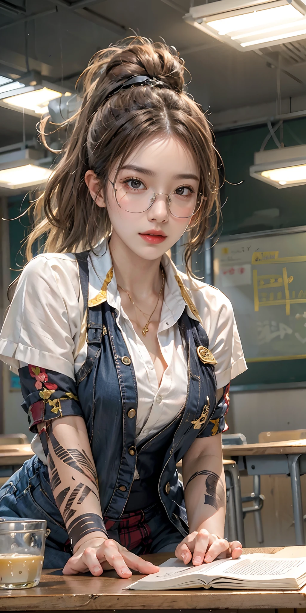 photorealistic, high resolution, soft light,1women, solo, hips up, (detailed face),tattoo, jewelry, Current School Classroom,At the podium,Wear classroom uniforms,wears glasses,Bigchest,low chest, long hair